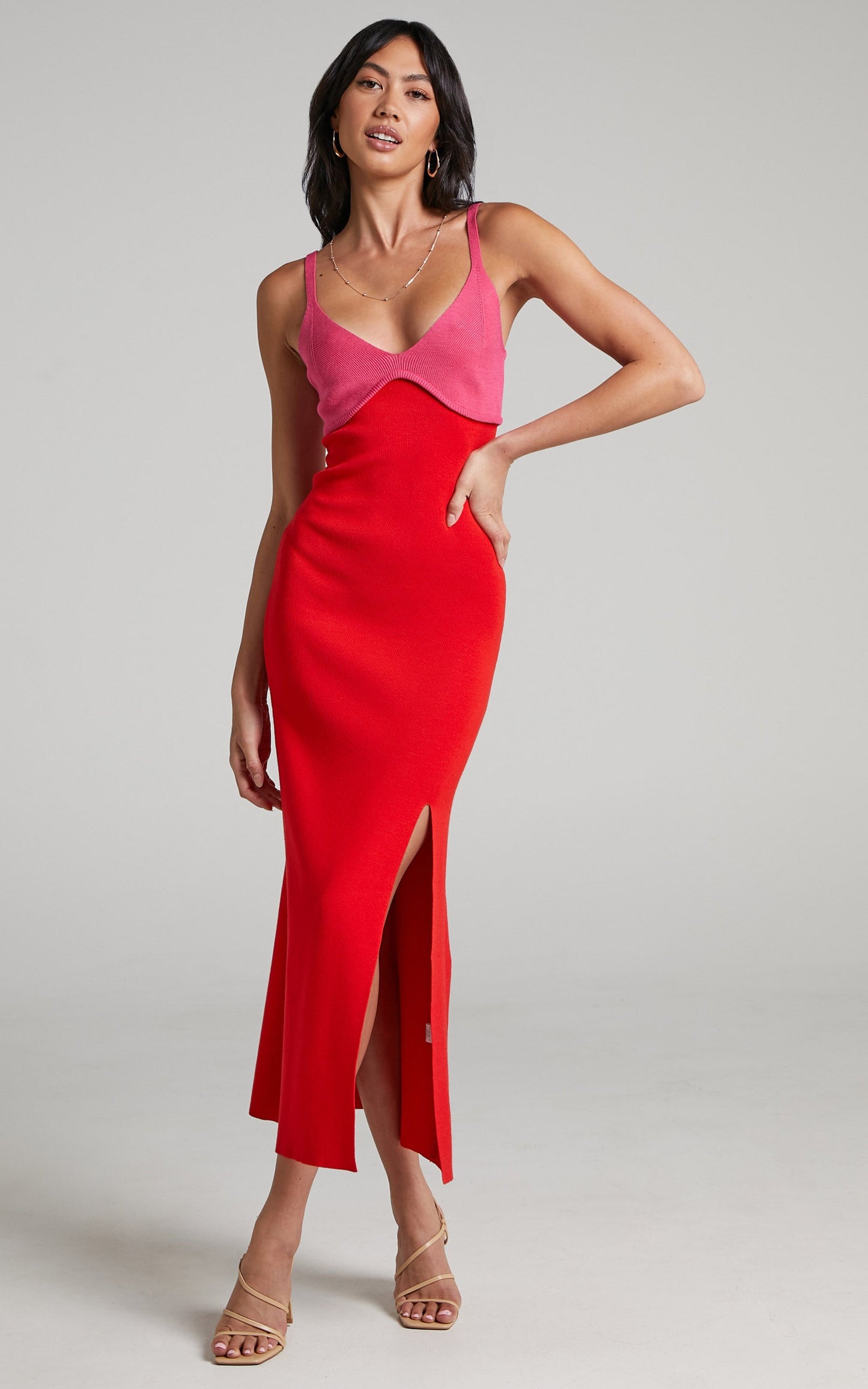 Claire Dual Tone Knit Dress in Pink & Red