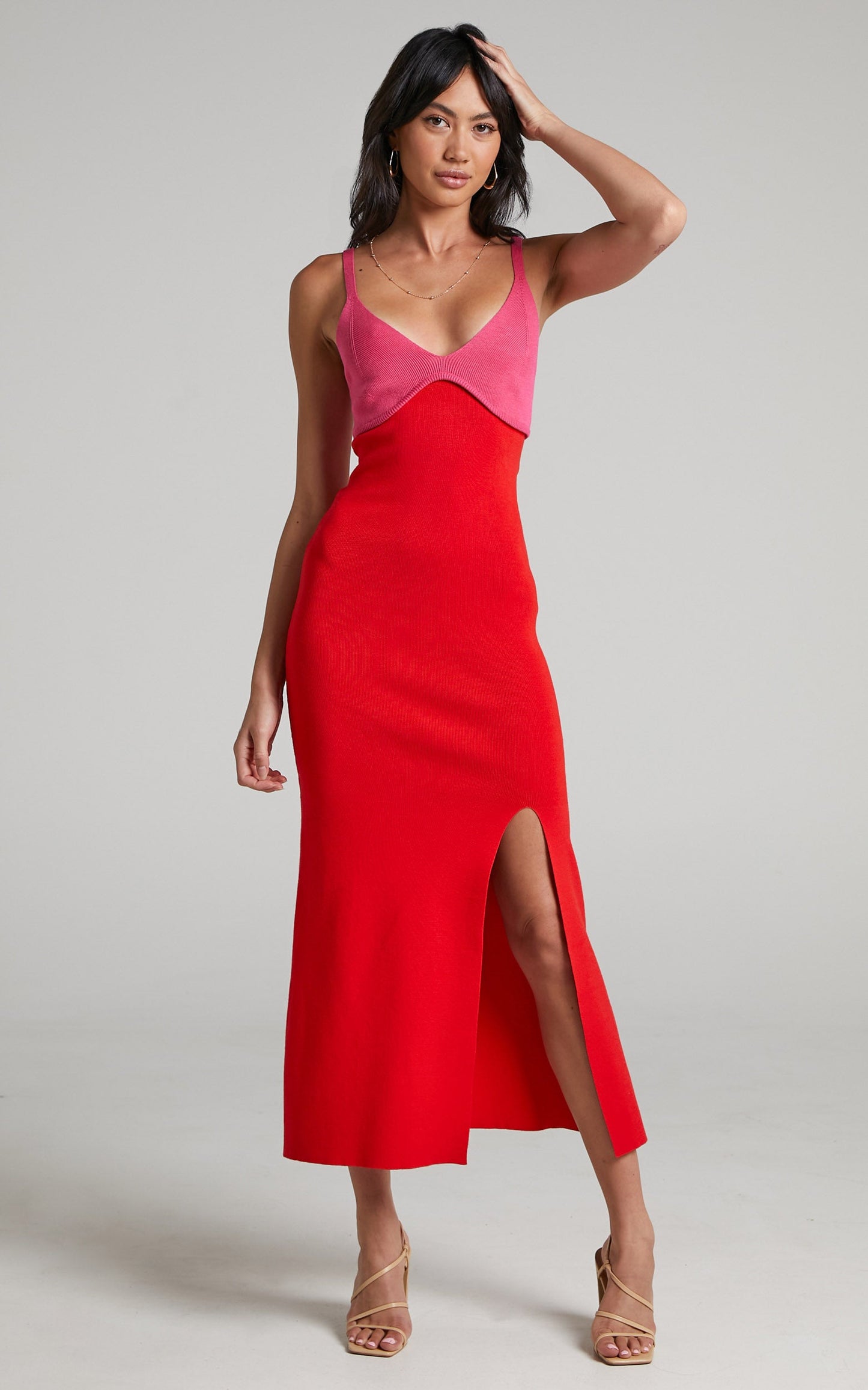 Claire Dual Tone Knit Dress in Pink & Red