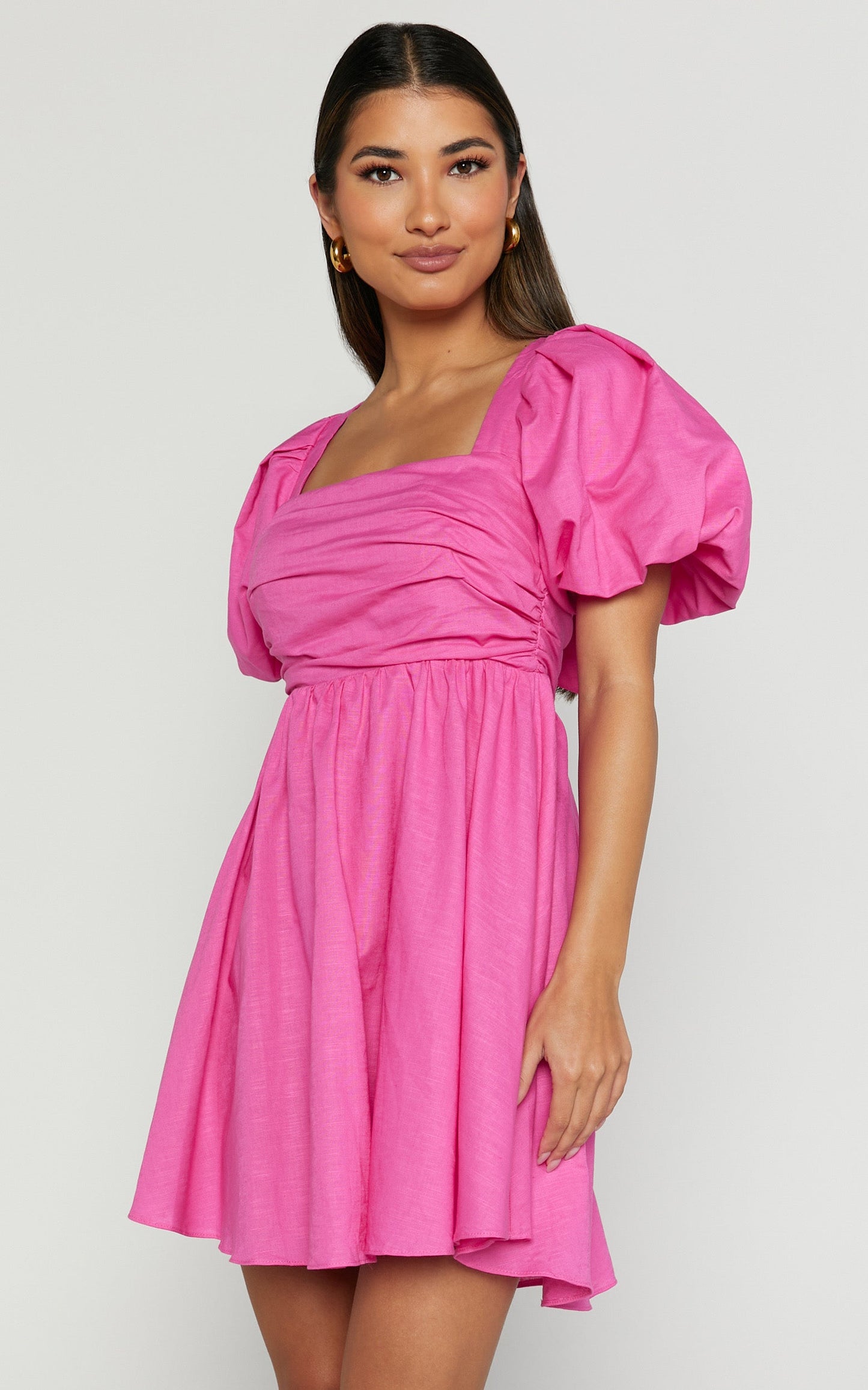 Clara Mini Dress - Square Neck Short Puff Sleeve in Pink