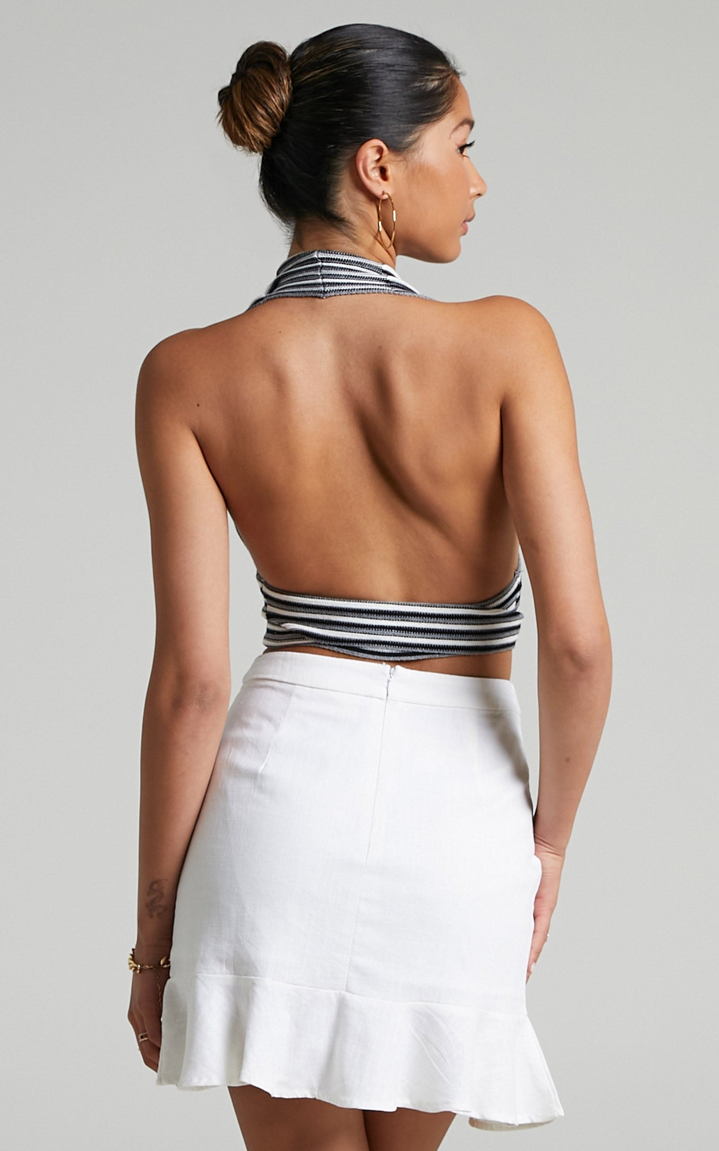 Clara Mini Skirt - Linen Look Ruffle Hem Skirt in White
