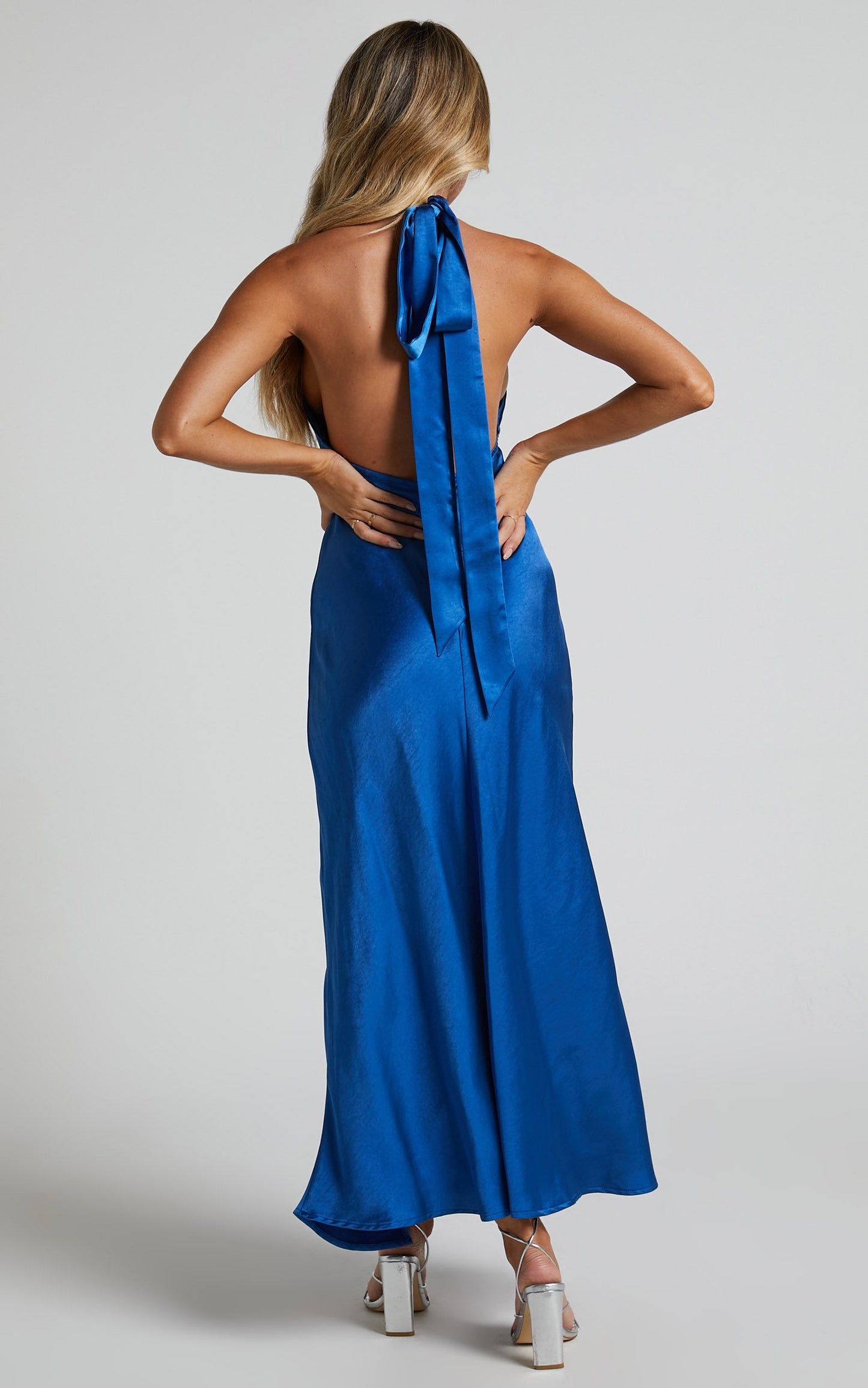 Clarabelle Midi Dress - Halter Neck Thigh Slit Dress in Cobalt Blue