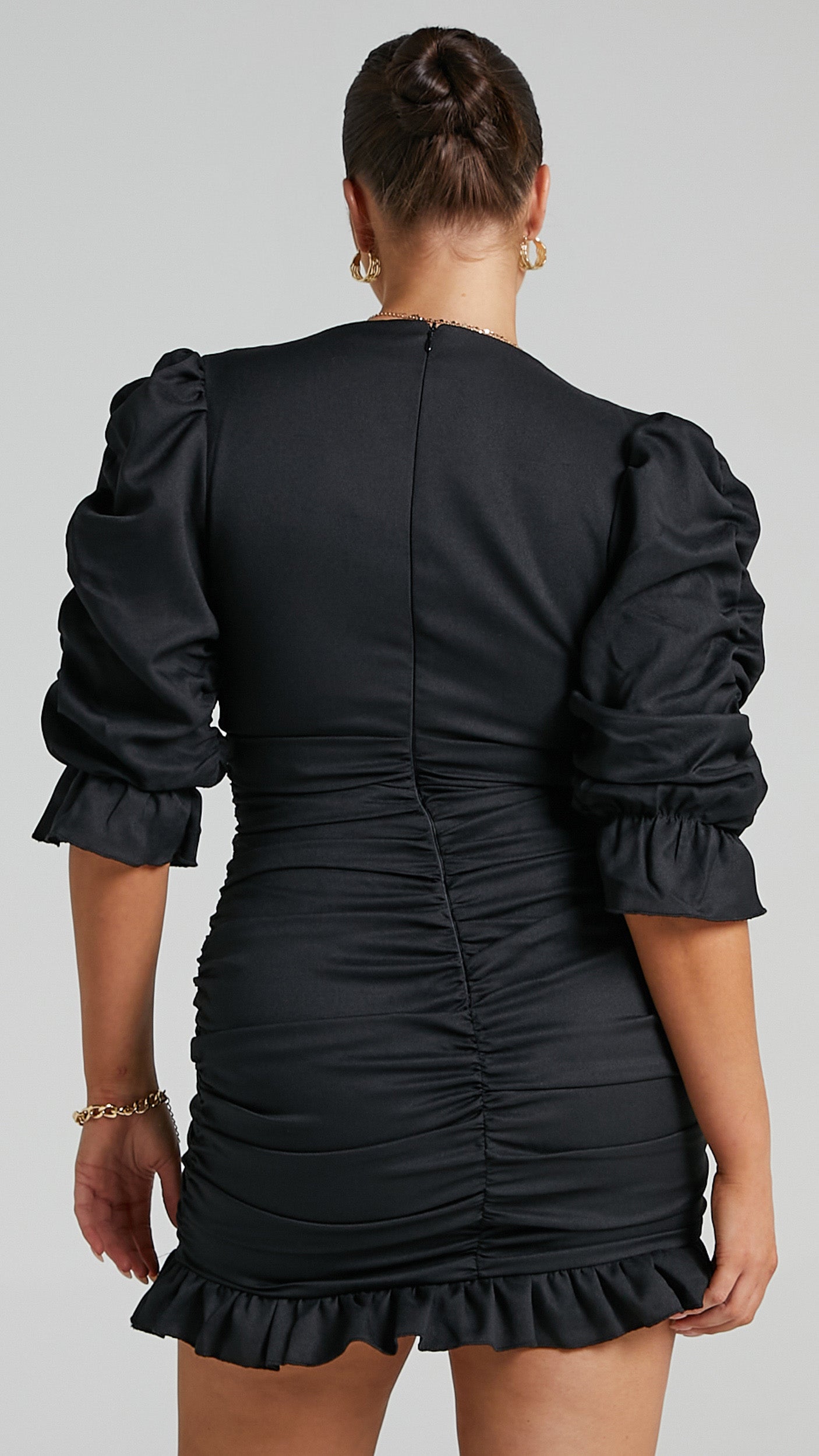 Claremont Ruched Puff Sleeve Mini Dress in Black
