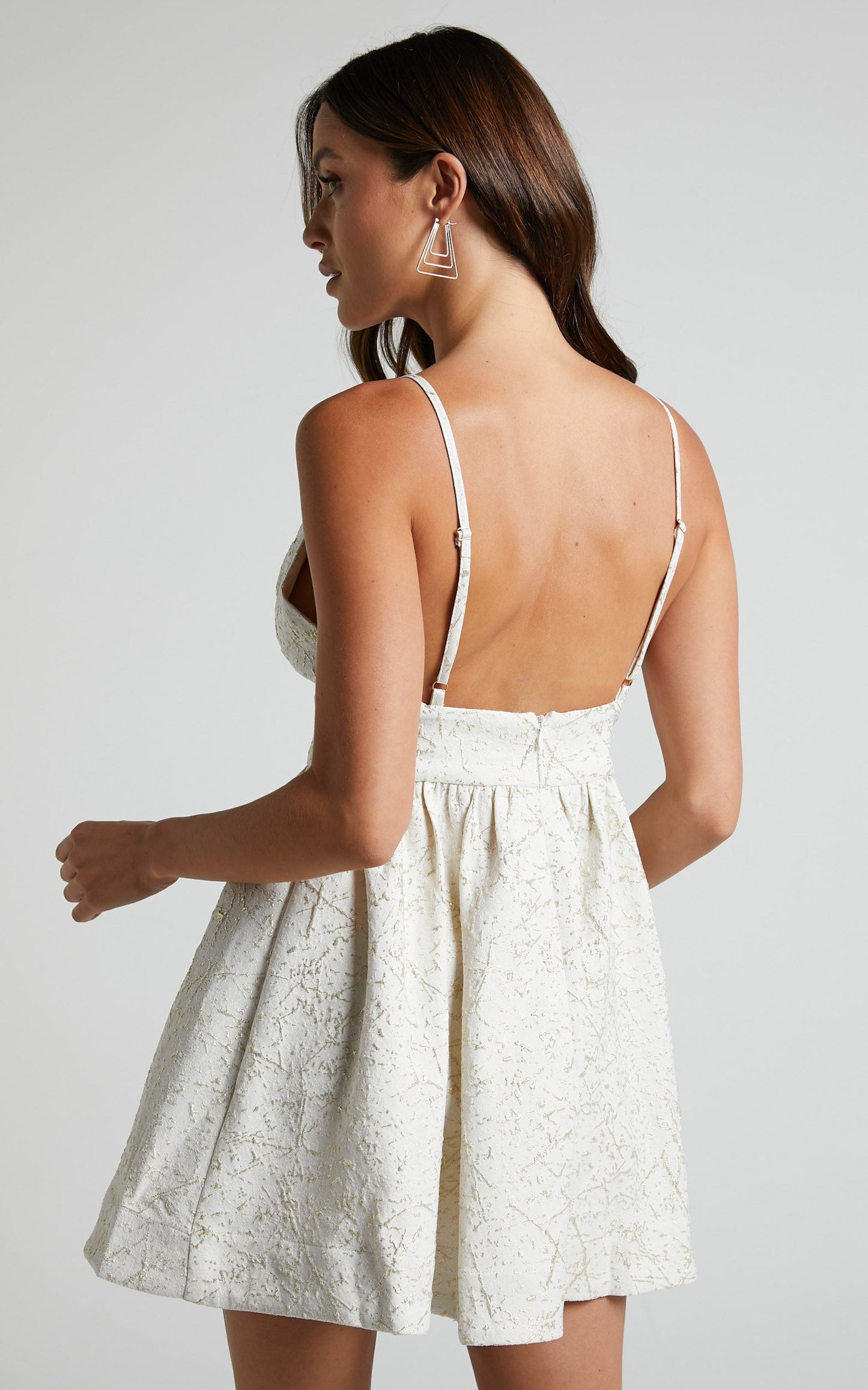 Clarie Mini Dress - Lurex Jacquard V Neck Gathered Skirt Dress in White