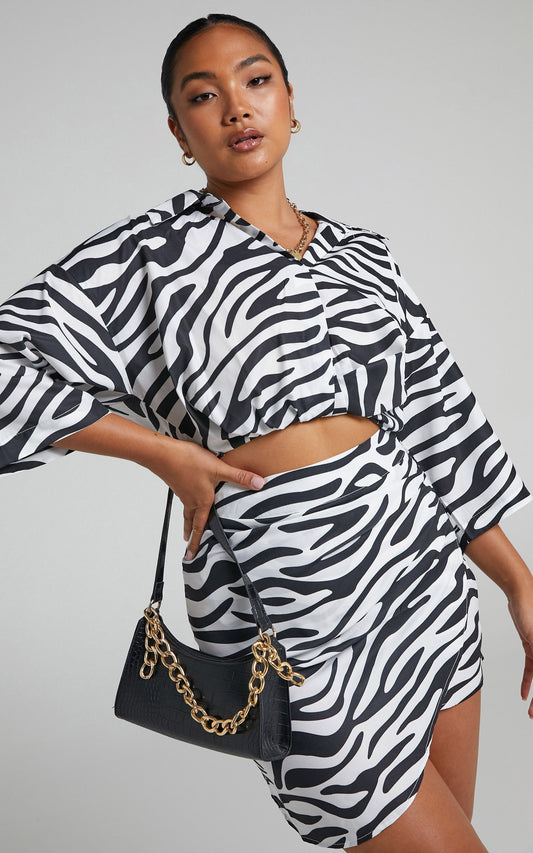 Clarrie Two Piece Set - Crop Top Wrap Skirt Two Piece Set in Black/White