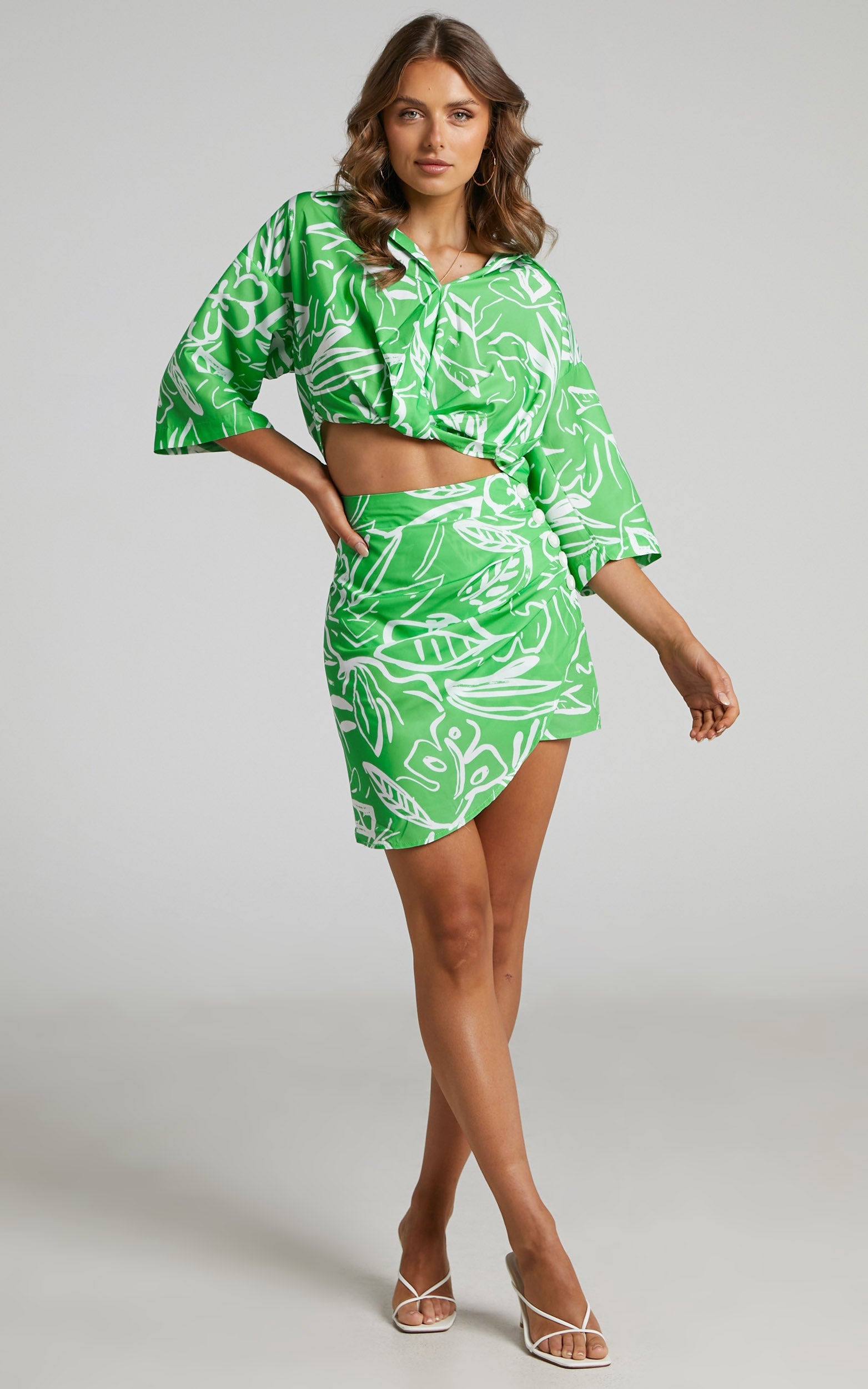 Clarrie Two Piece Set - Crop Top Wrap Skirt Two Piece Set in Green/White