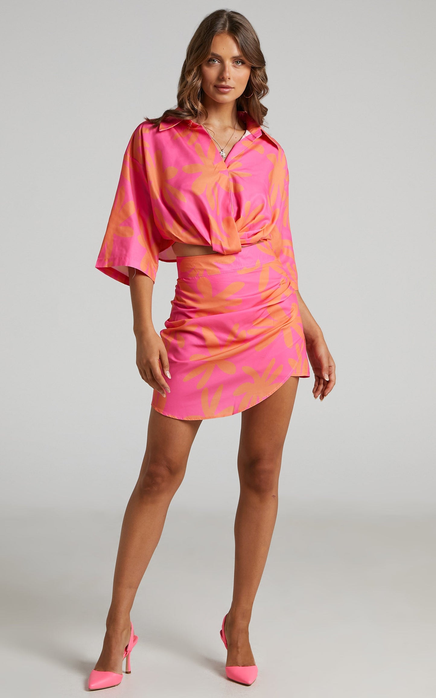 Clarrie Two Piece Set - Crop Top Wrap Skirt Two Piece Set in Pink/Orange