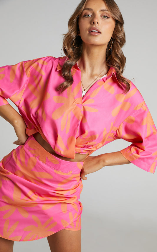 Clarrie Two Piece Set - Crop Top Wrap Skirt Two Piece Set in Pink/Orange