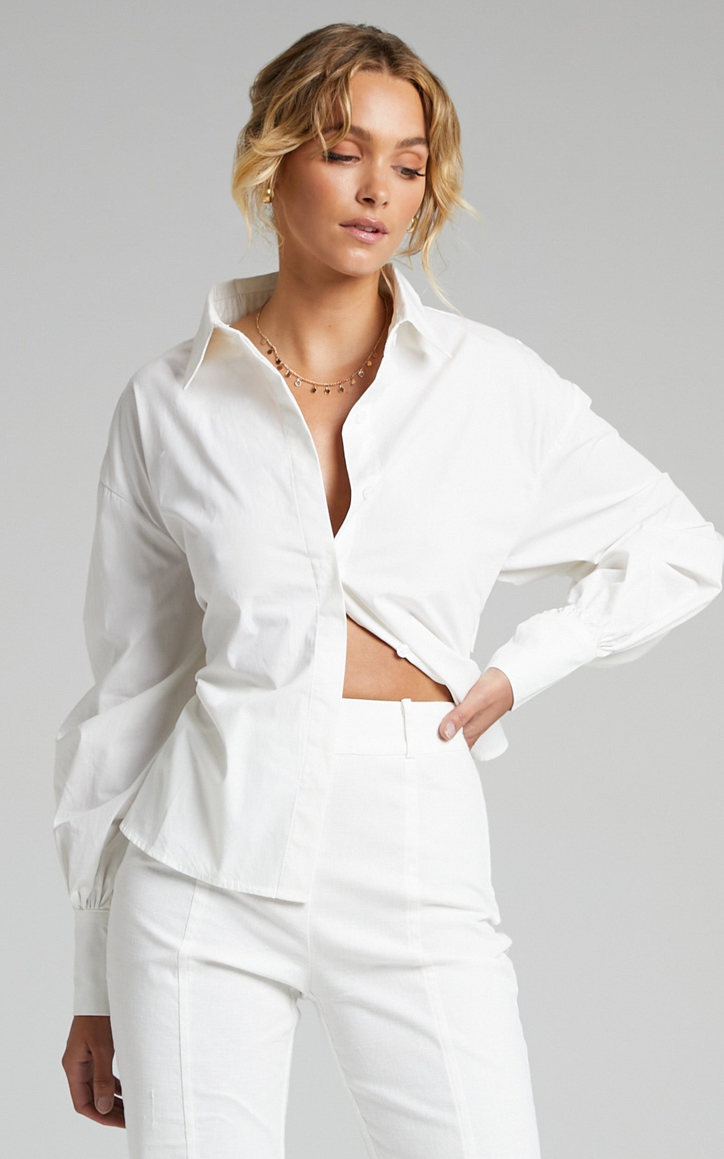 Claudelle Shirt - Cotton Collared Tie Back Shirt in White