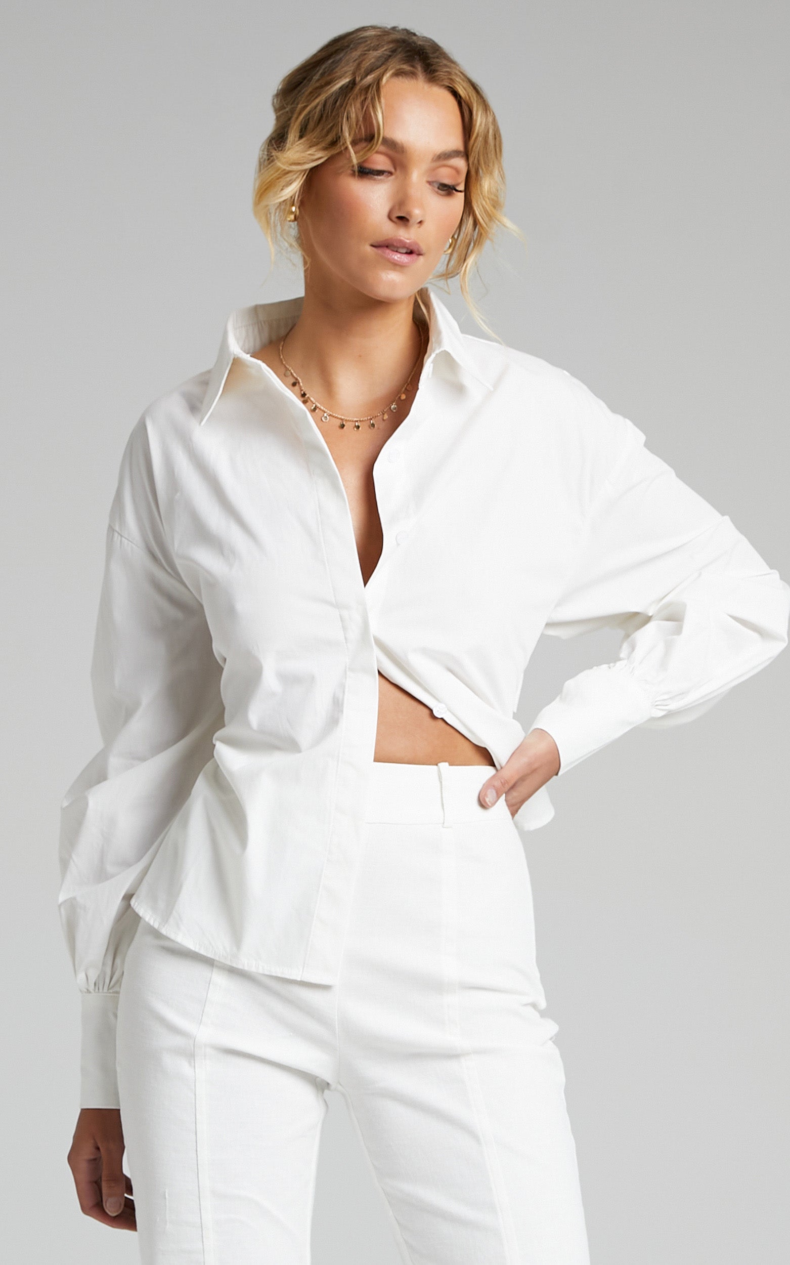 Claudelle Shirt - Cotton Collared Tie Back Shirt in White