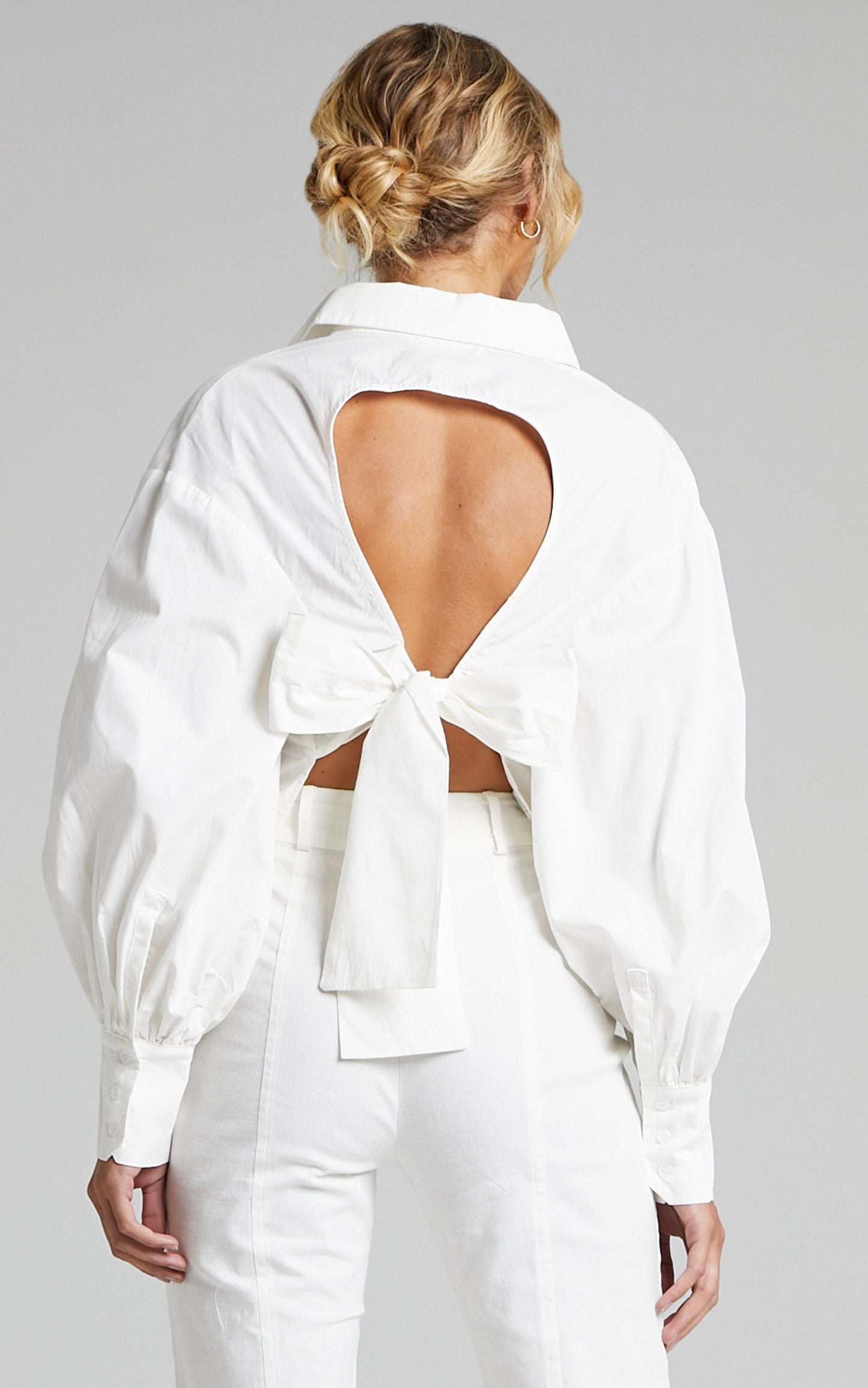 Claudelle Shirt - Cotton Collared Tie Back Shirt in White