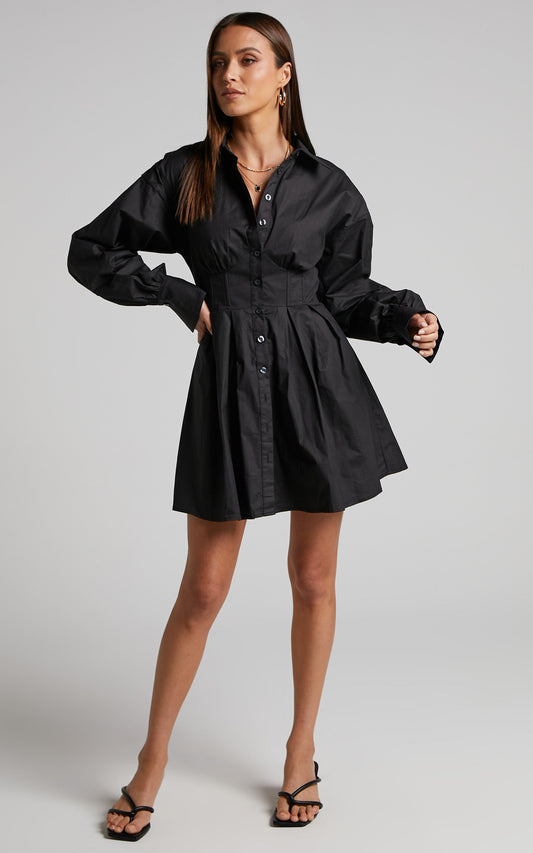 Claudette Mini Dress - Long Sleeve Corset Shirt Dress in Black