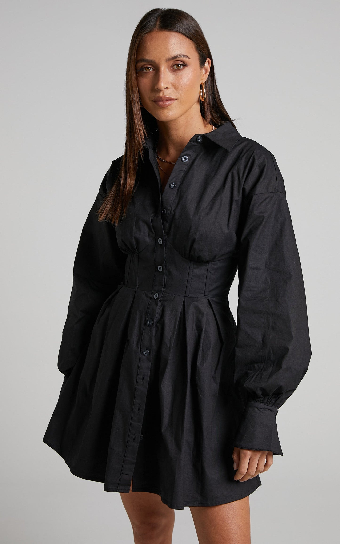 Claudette Mini Dress - Long Sleeve Corset Shirt Dress in Black