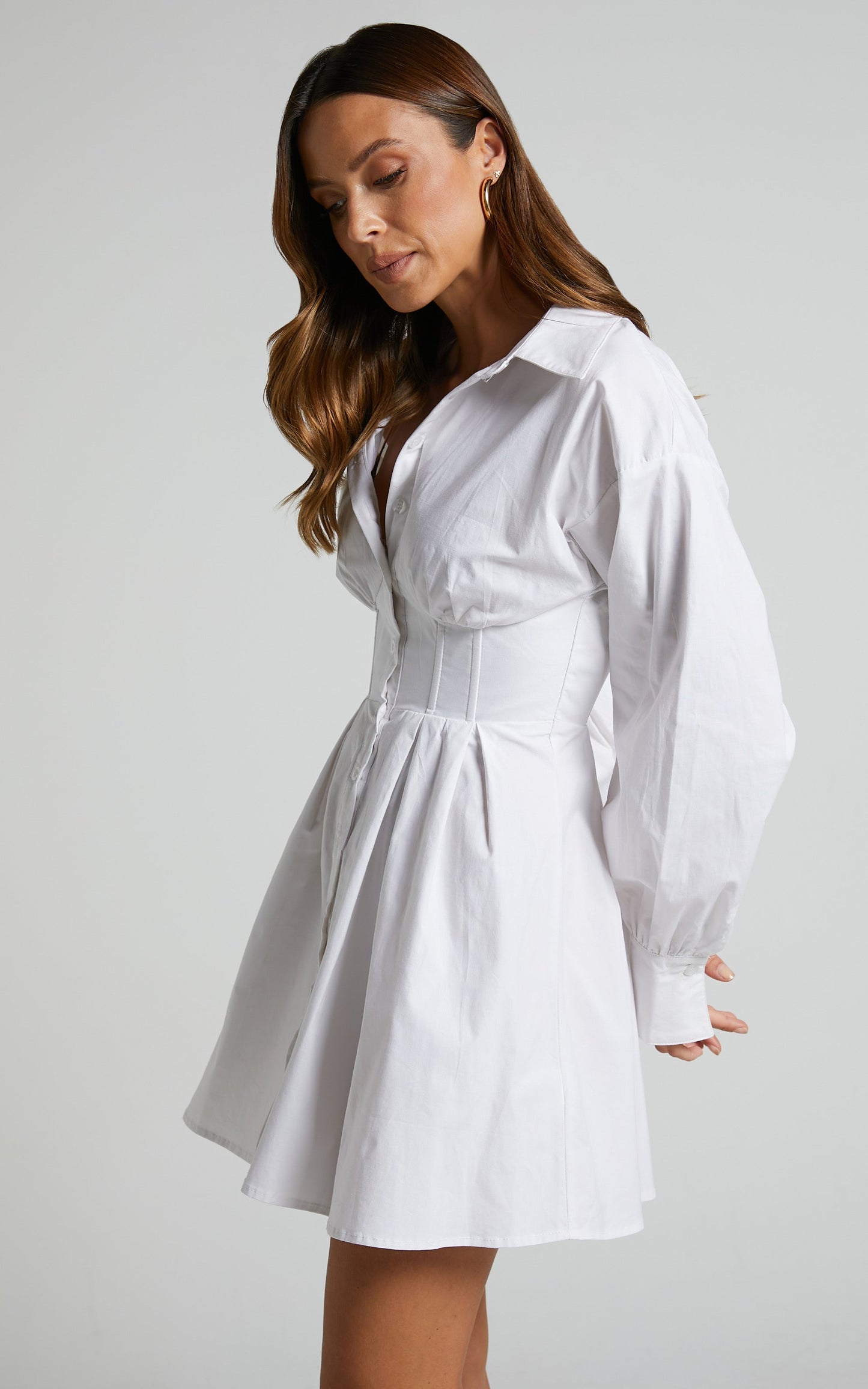 Claudette Mini Dress - Long Sleeve Corset Shirt Dress in White