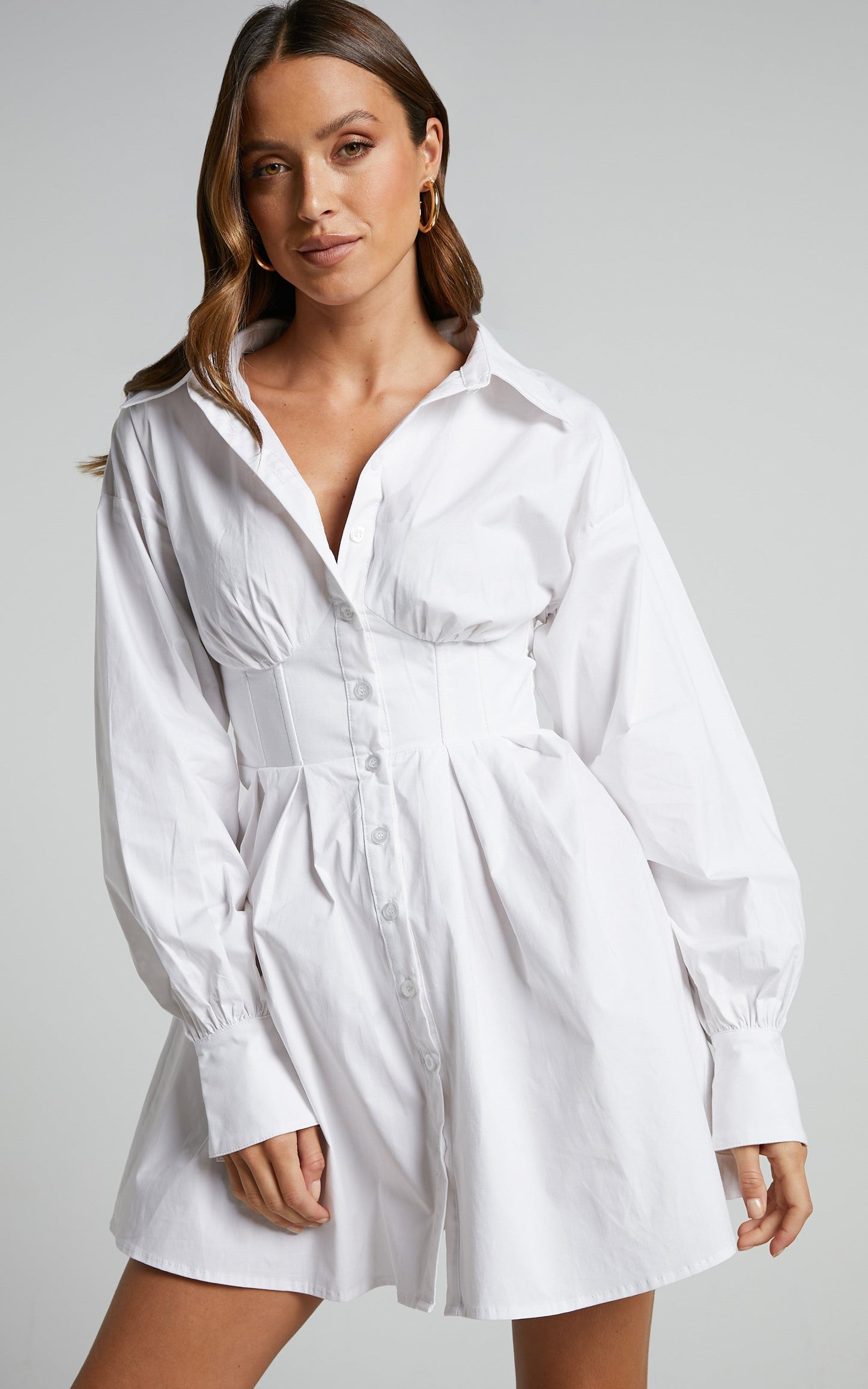 Claudette Mini Dress - Long Sleeve Corset Shirt Dress in White
