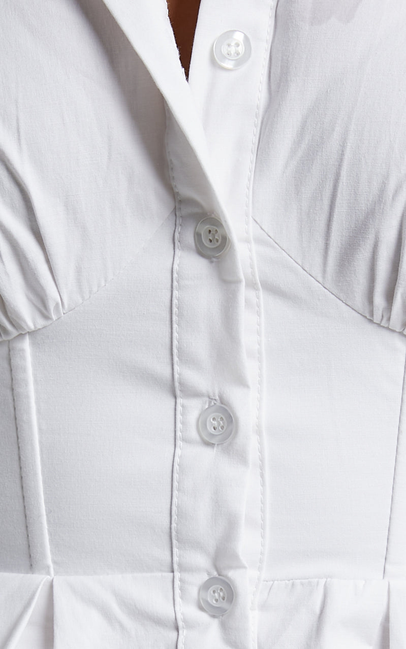 Claudette Mini Dress - Long Sleeve Corset Shirt Dress in White