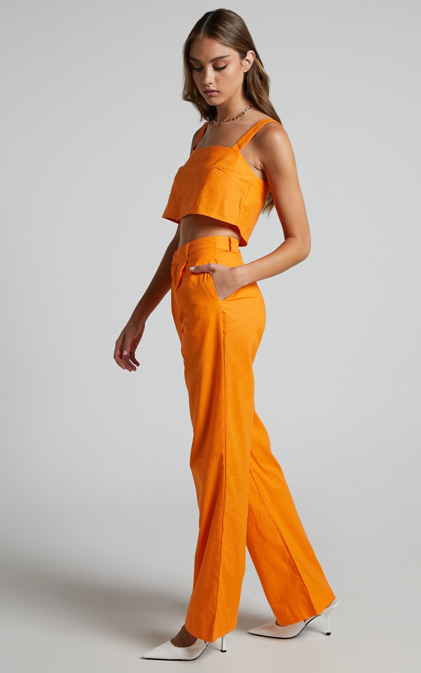 Claudina Two Piece Set - Cropped Cami Top and Relaxed Pants Set in Bright Orange
