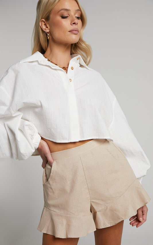 Claudina Shorts - Linen Look Frill Hem Shorts in Sand