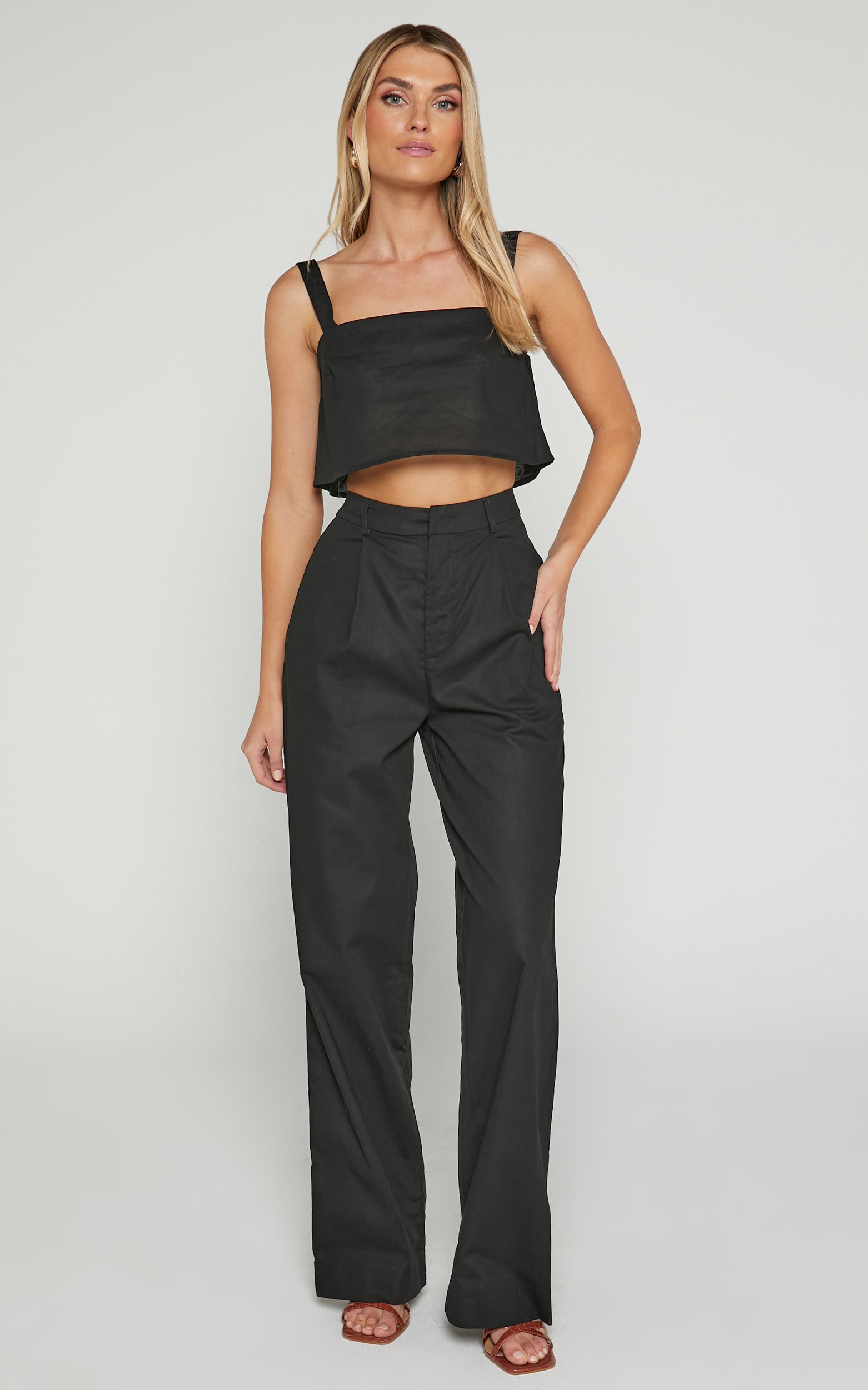 Claudina Two Piece Set - Cropped Cami Top and Relaxed Pants Set in Black