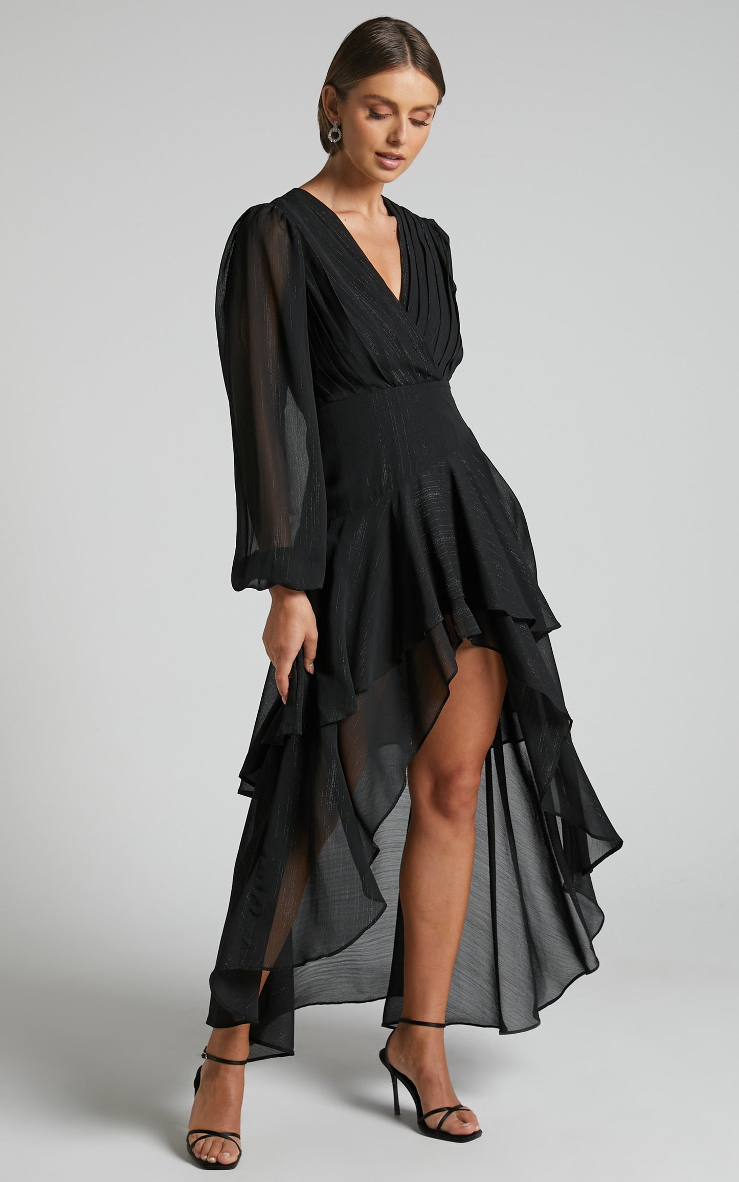 Claudita Midi Dress - Long Sleeve High Low Hem Dress in Black