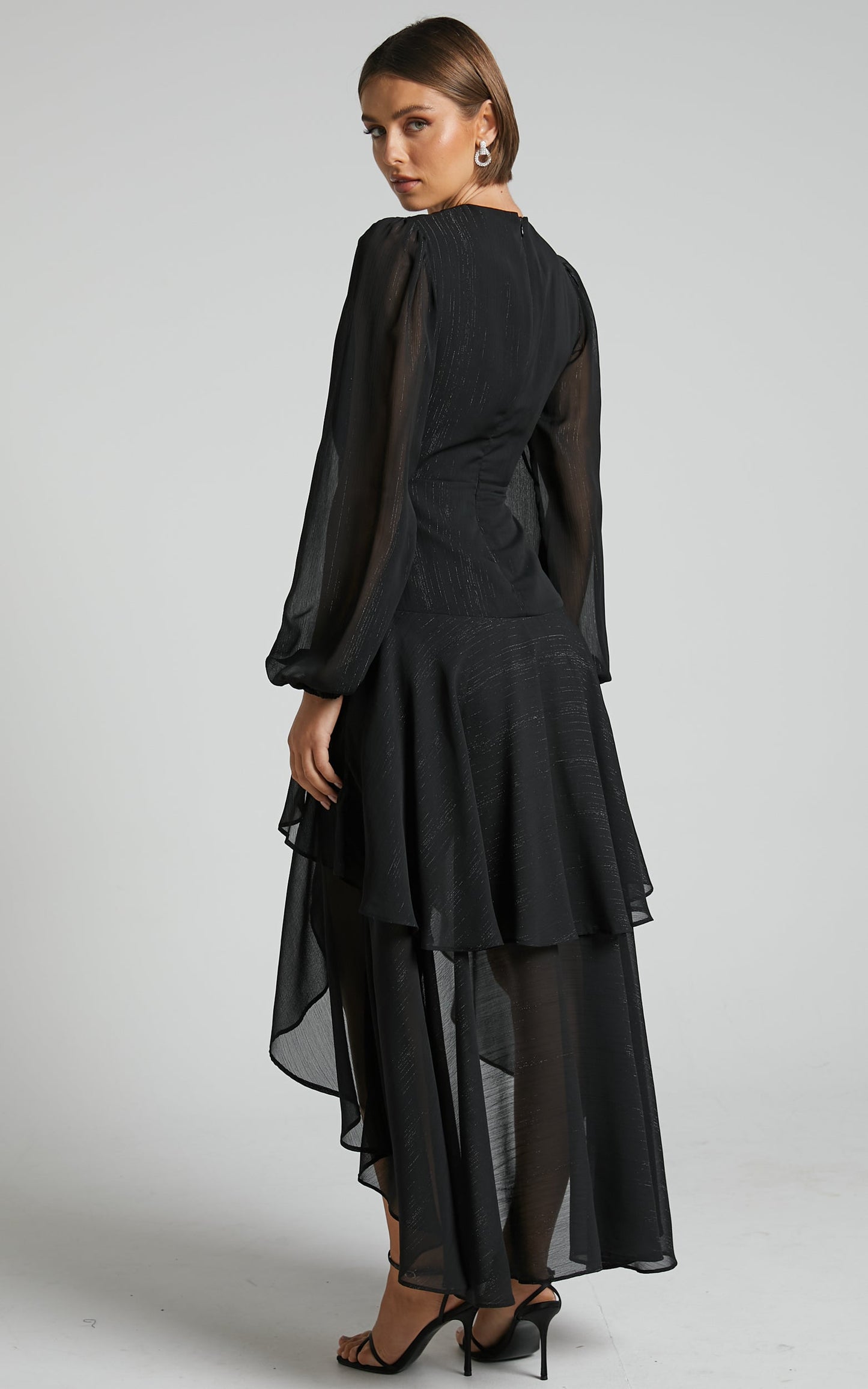 Claudita Midi Dress - Long Sleeve High Low Hem Dress in Black