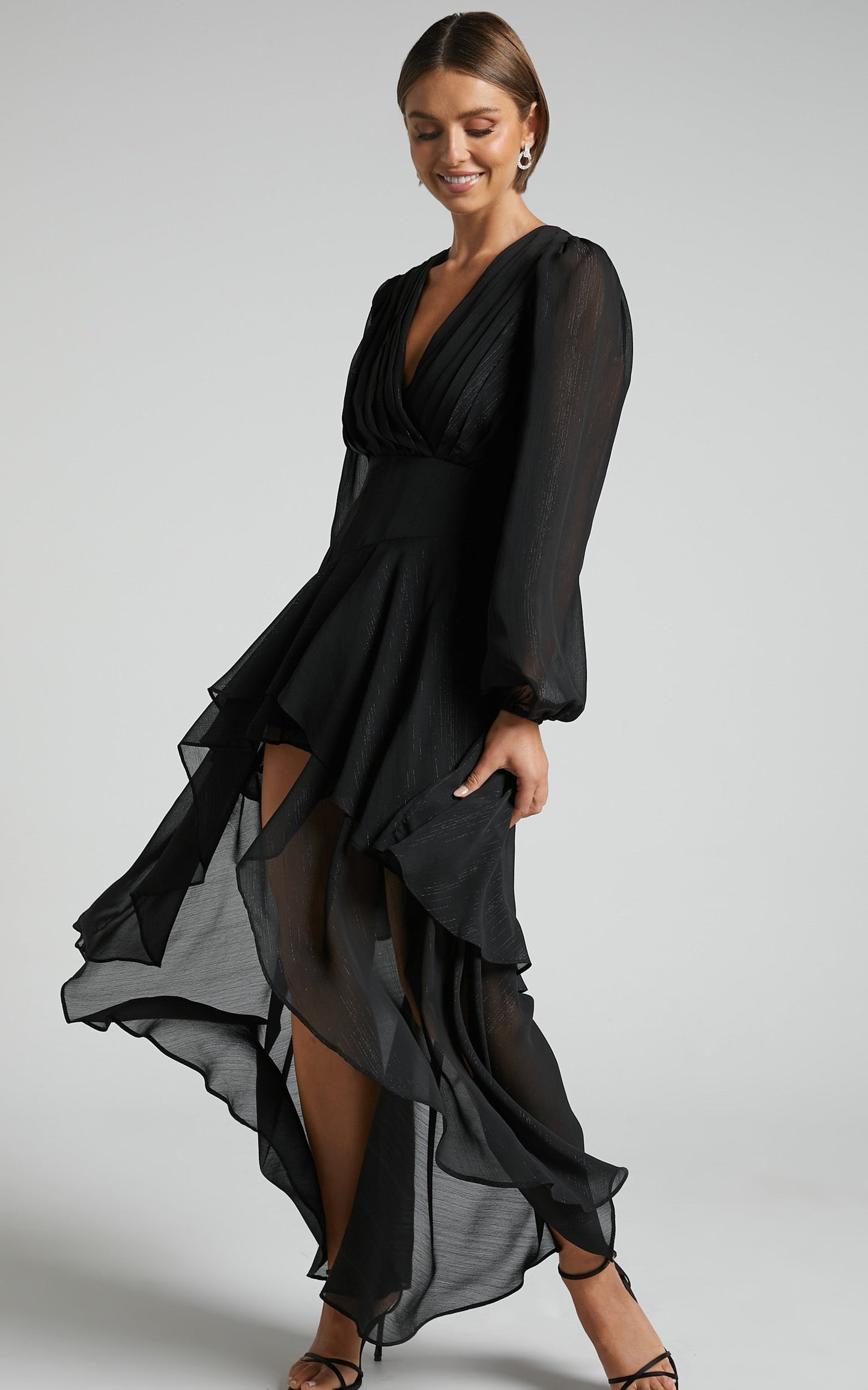 Claudita Midi Dress - Long Sleeve High Low Hem Dress in Black