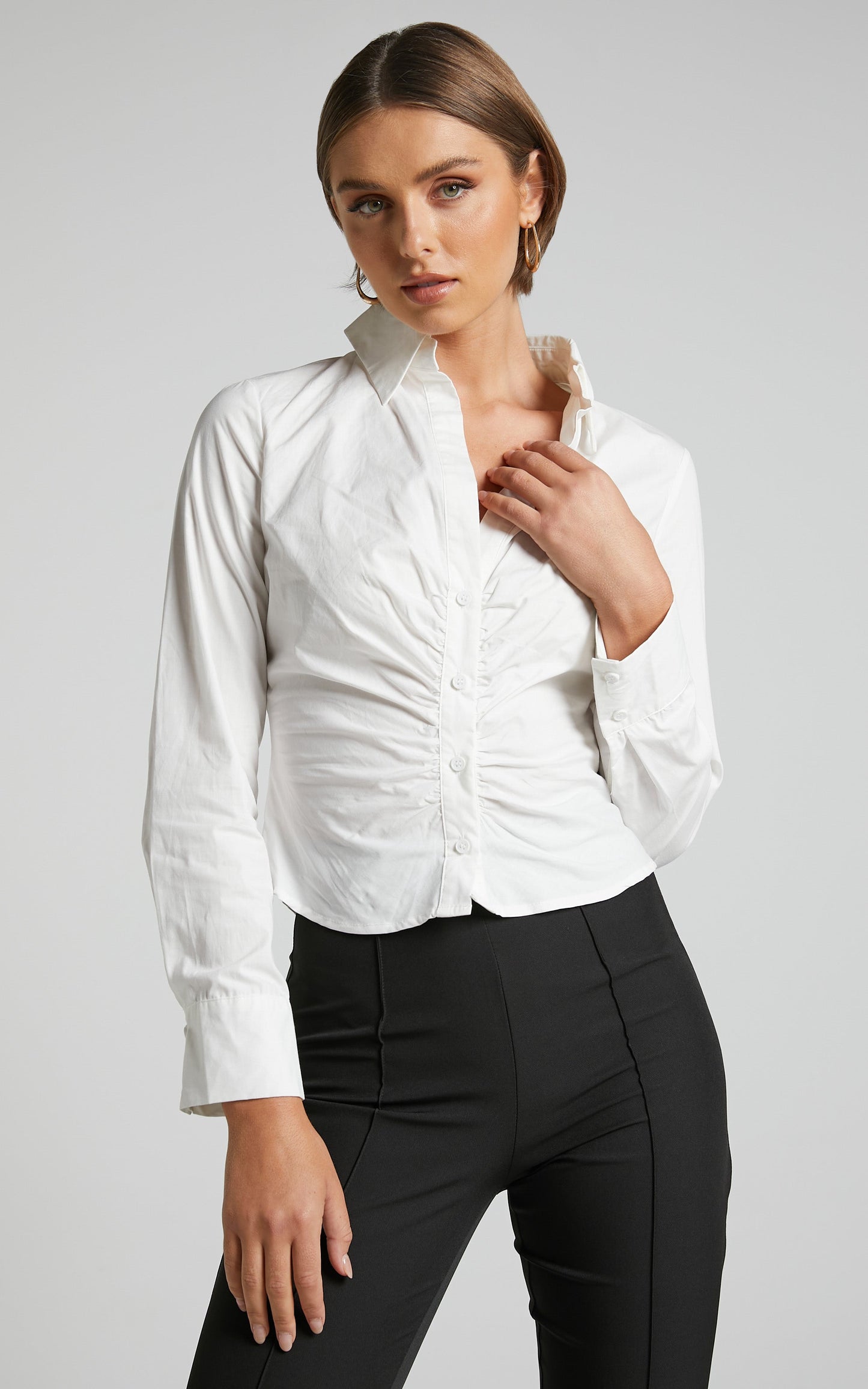 Cleone Shirt - Ruched Front Button Up Shirt in White