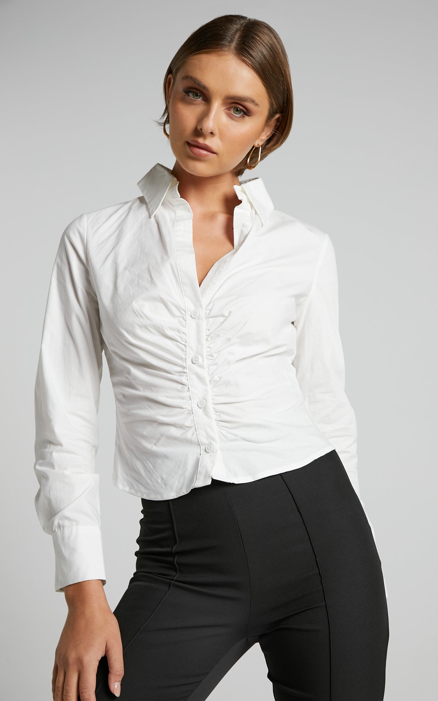 Cleone Shirt - Ruched Front Button Up Shirt in White