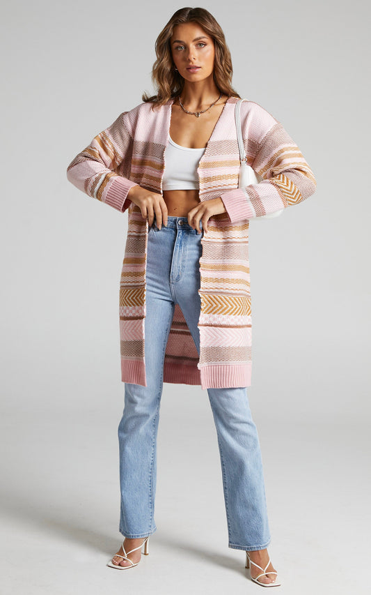 Cleonie Longline Patchwork Cardigan in Pale Pink