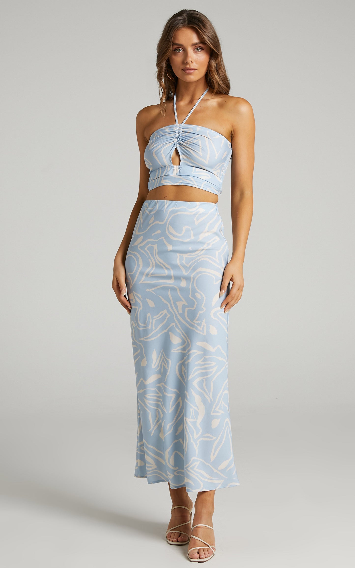 Cloudy Dreams Maxi Skirt Two Piece Set in Light Blue/White
