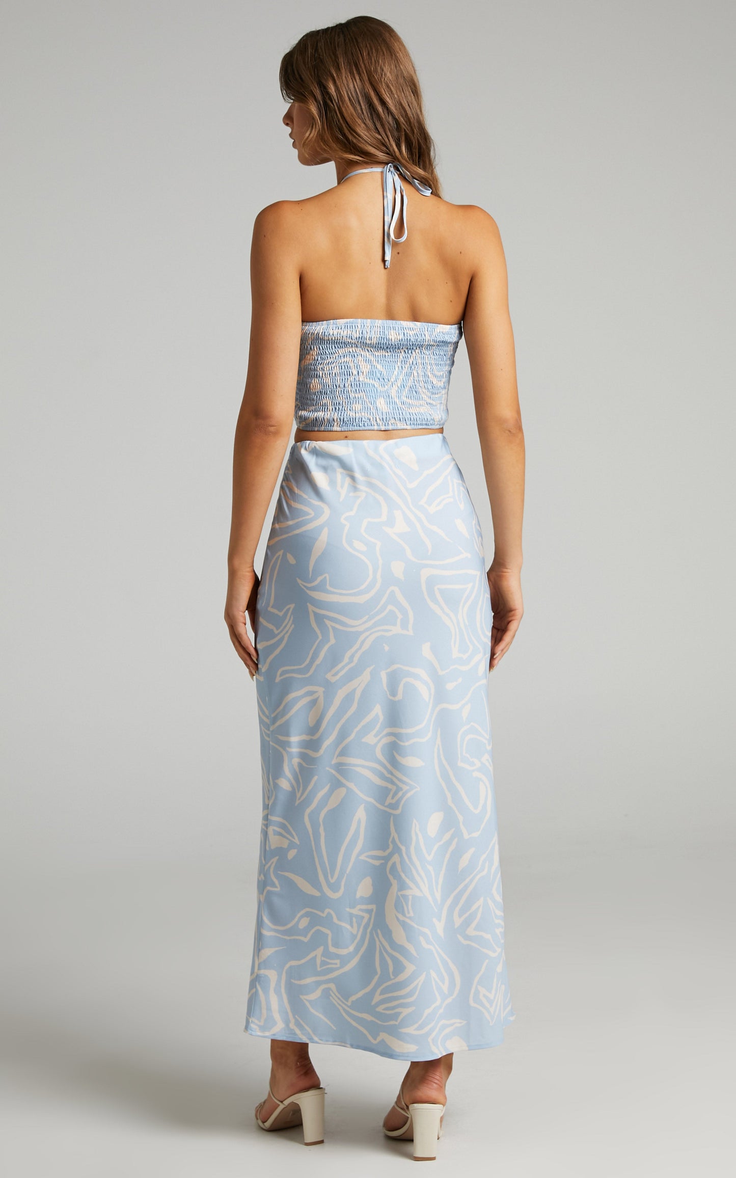 Cloudy Dreams Maxi Skirt Two Piece Set in Light Blue/White