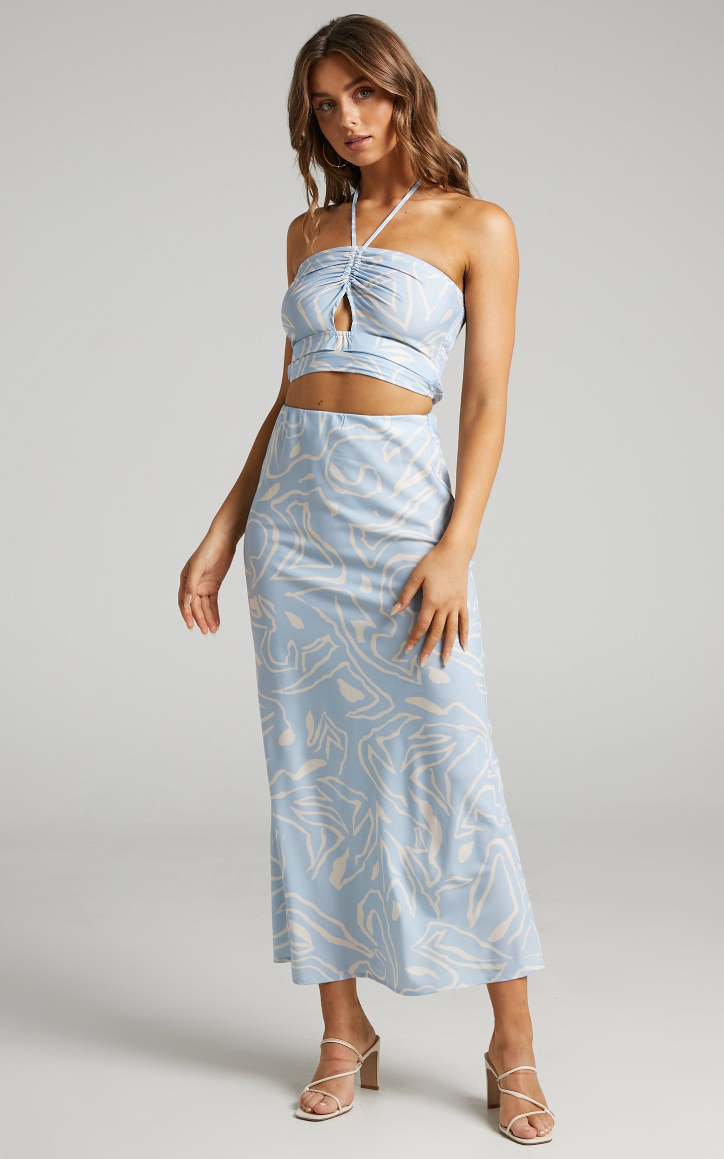 Cloudy Dreams Maxi Skirt Two Piece Set in Light Blue/White