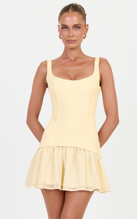 Coco Mini Dress - Corset Bodice Fit And Flare Dress in Butter Yellow