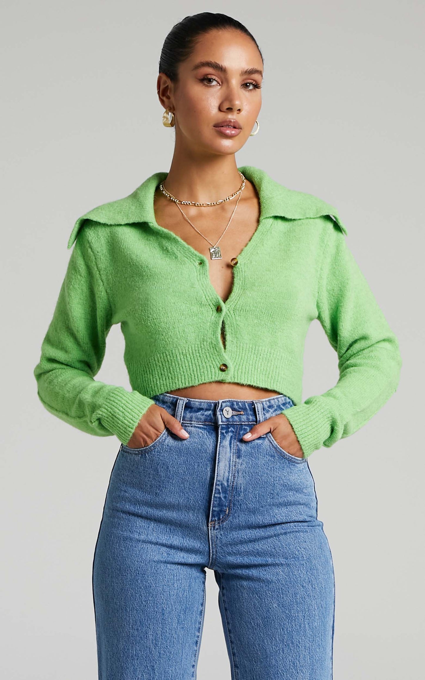 Colee Collared Cropped Cardigan in Lime