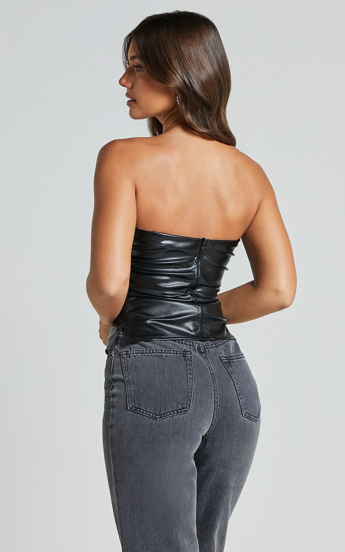 Coleen Top - Strapless Faux Leather Ruched Top in Black