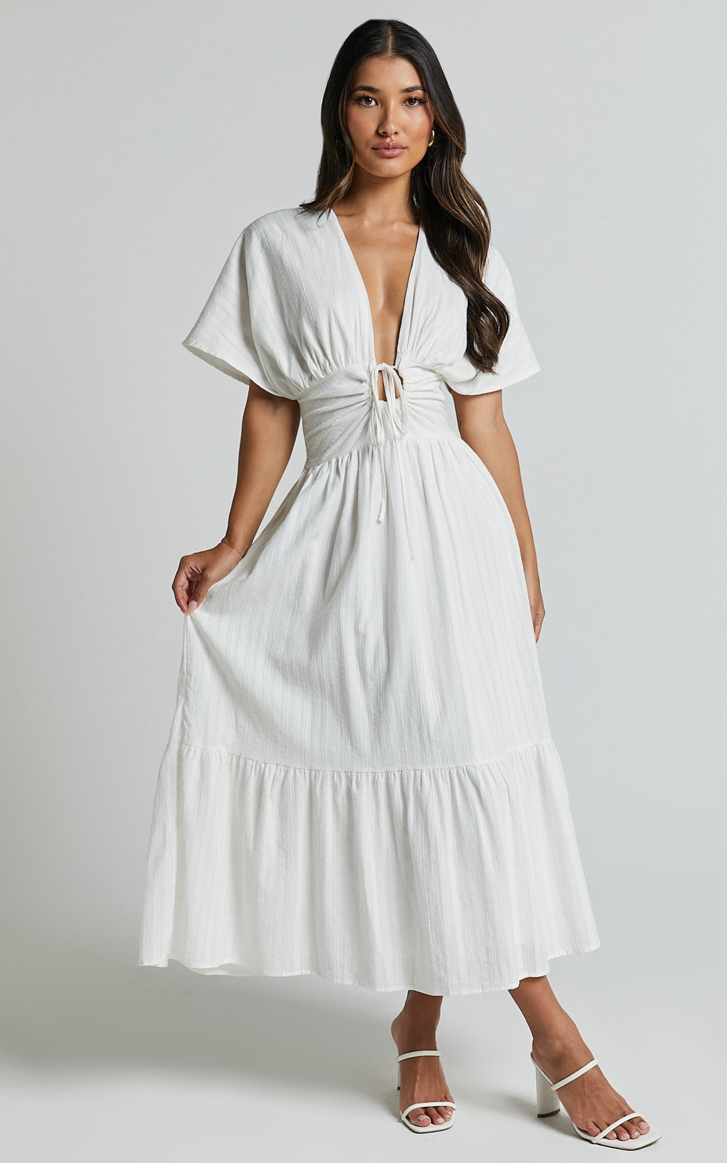 Colette Midi Dress - Short Sleeve Plunge Neck Tie A Line Dress in White
