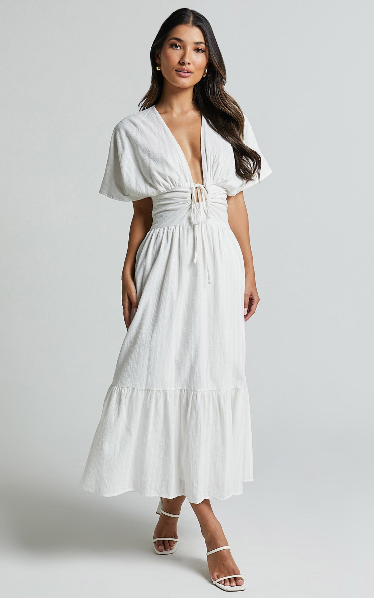 Colette Midi Dress - Short Sleeve Plunge Neck Tie A Line Dress in White