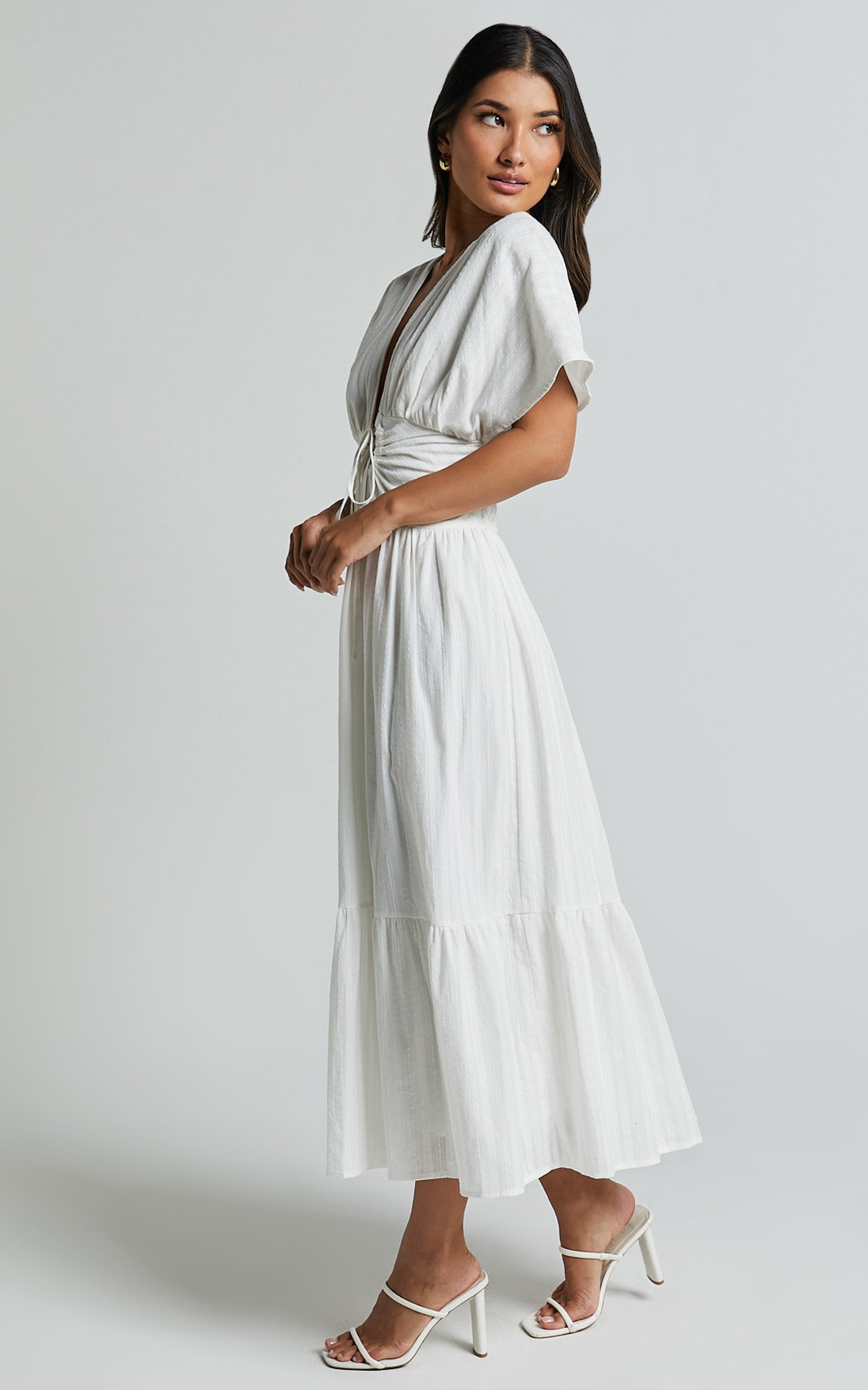 Colette Midi Dress - Short Sleeve Plunge Neck Tie A Line Dress in White