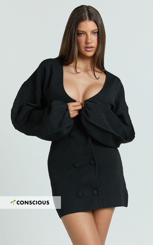 Colette Mini Dress - Wrap Front Cocoon Sleeve Button Front Knit Dress in Black