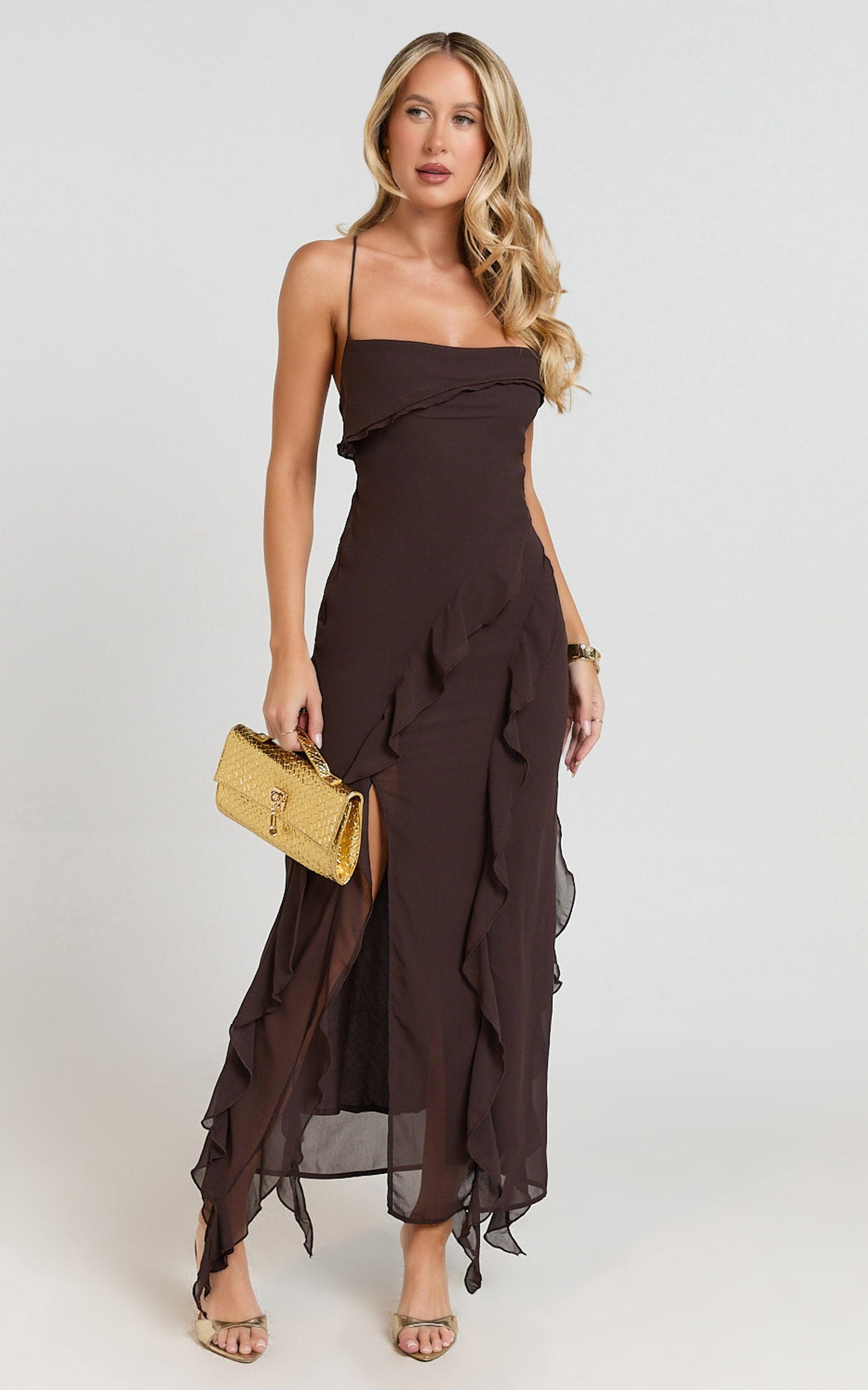 Connie Midi Dress- Ruffle Detail Dress in Chocolate