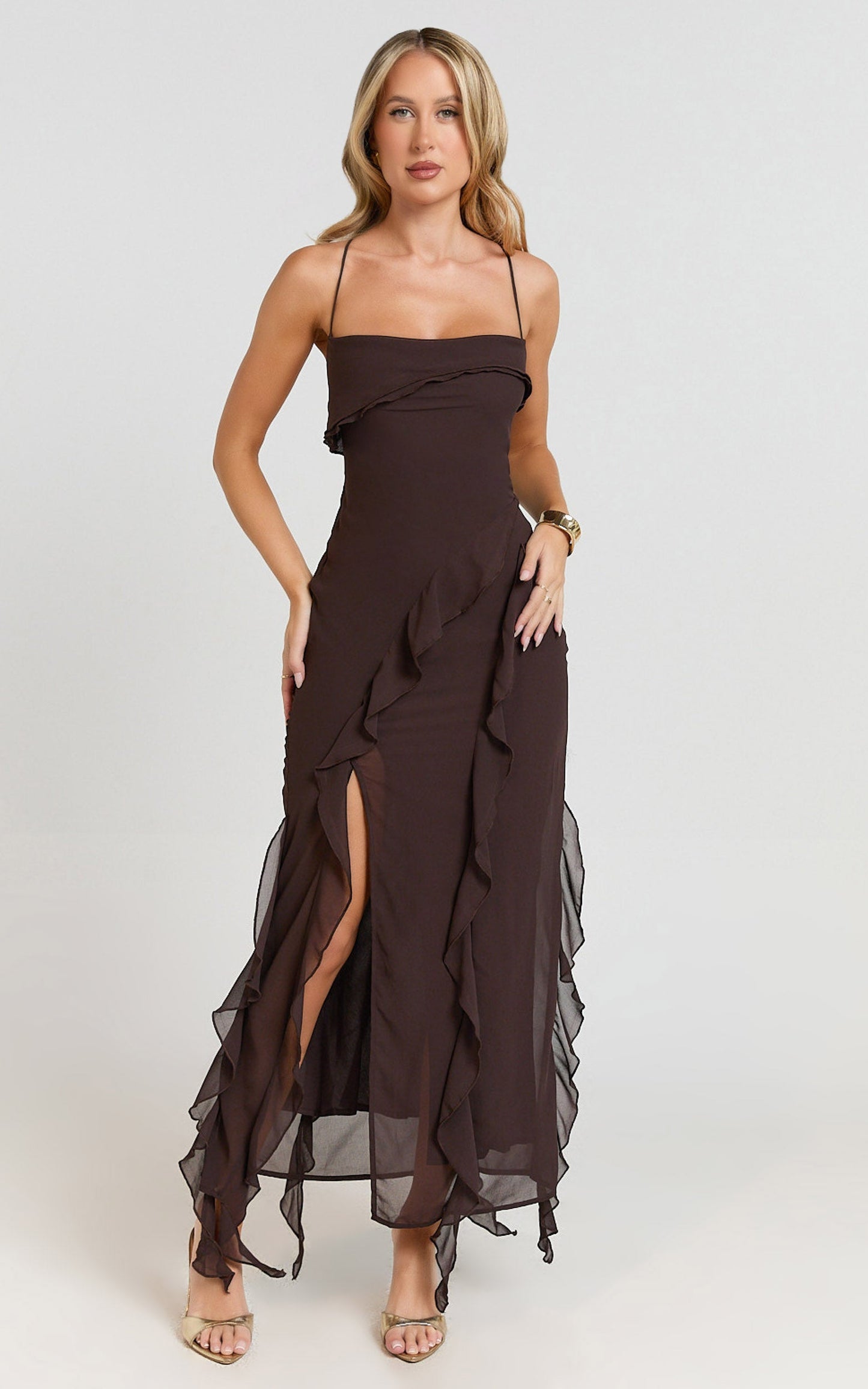 Connie Midi Dress- Ruffle Detail Dress in Chocolate