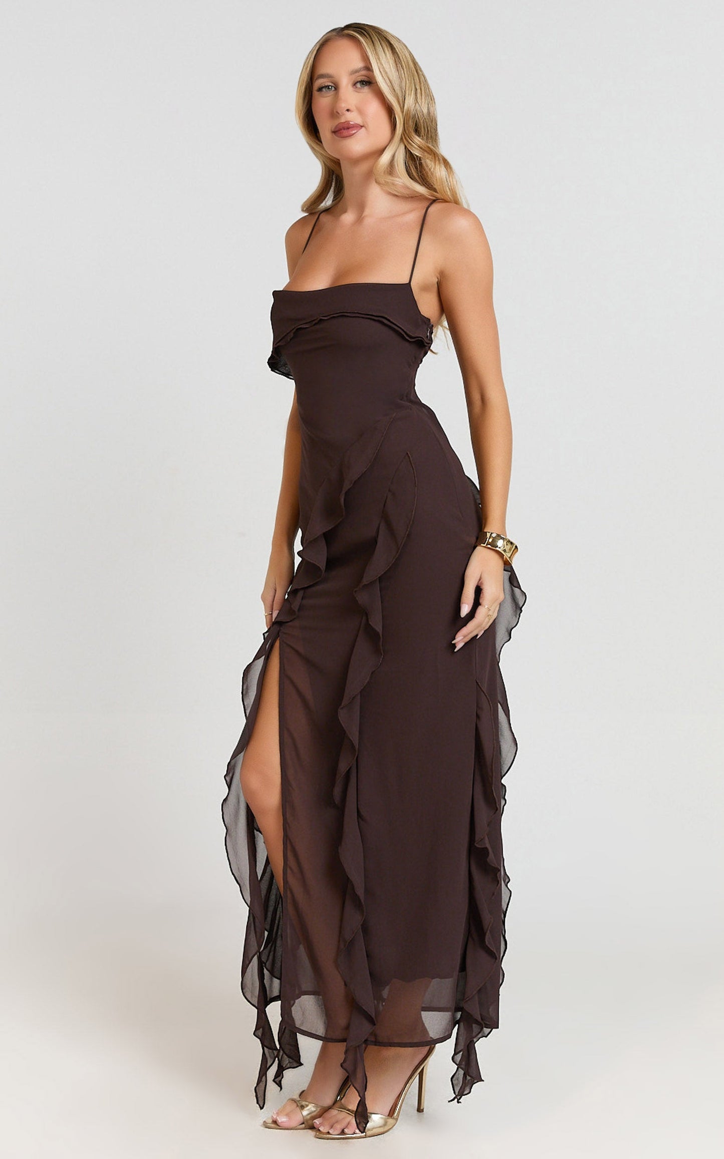 Connie Midi Dress- Ruffle Detail Dress in Chocolate