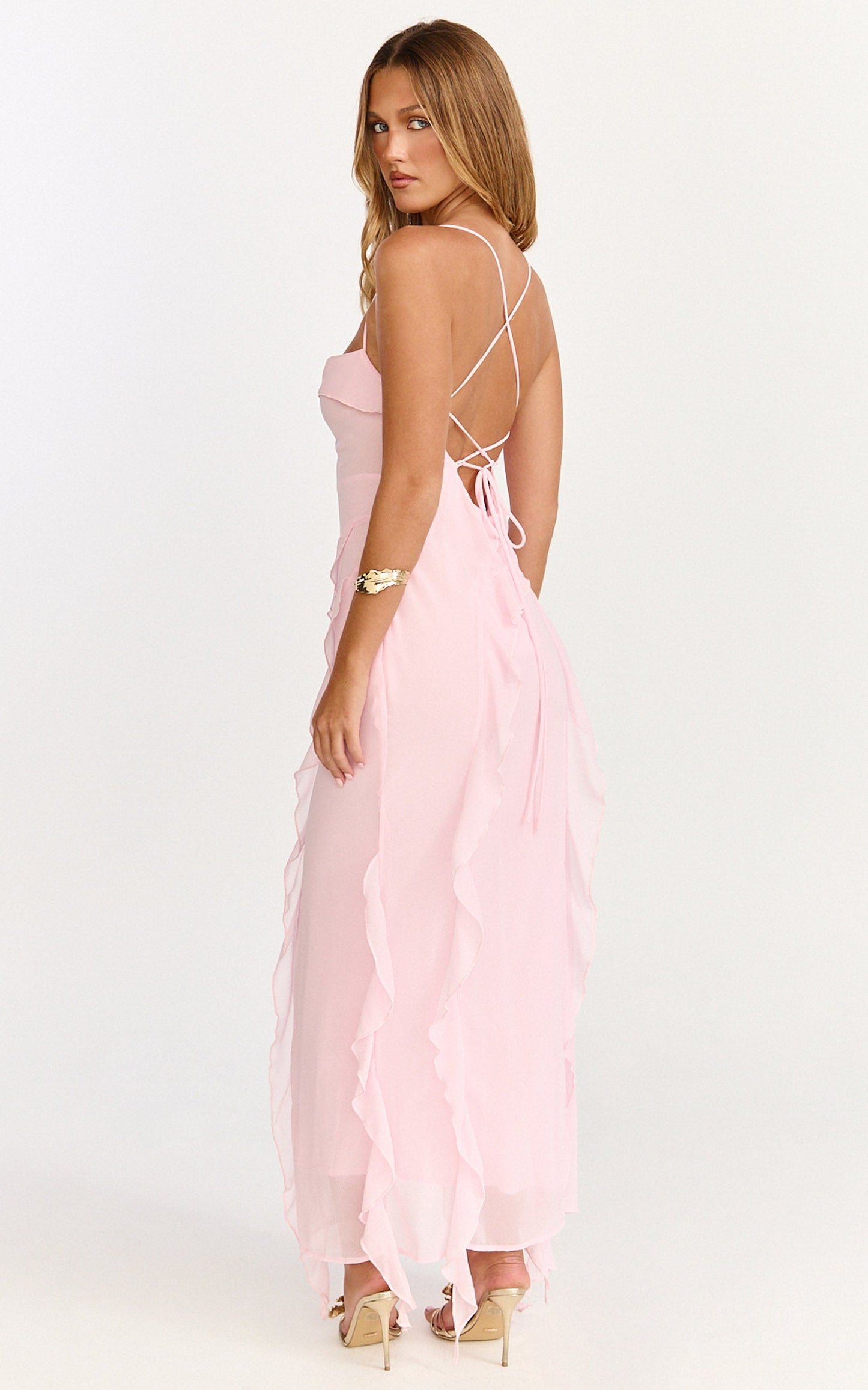 Connie Midi Dress- Ruffle Detail Dress in Pink