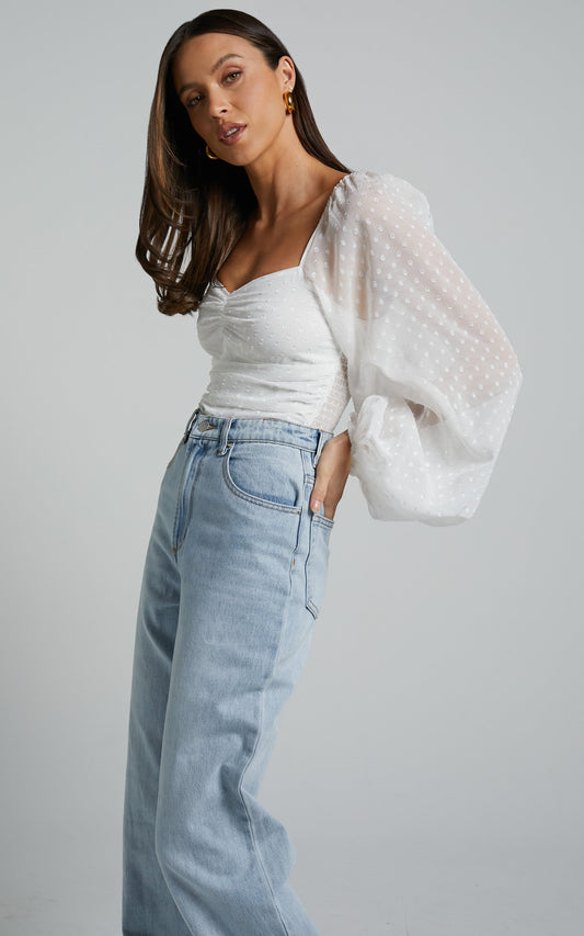 Conny Bodysuit - Spotted Balloon Sleeve Sweetheart Bodysuit in Ivory