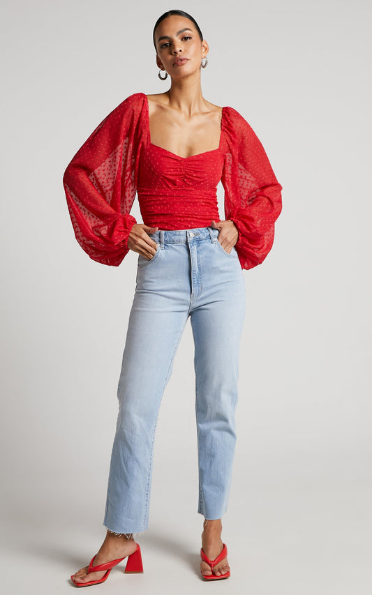Conny Bodysuit - Spotted Balloon Sleeve Sweetheart Bodysuit in Red