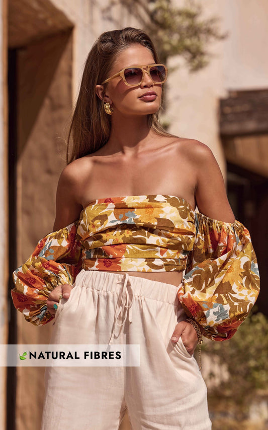Amalie The Label - Ariesey Blend Blend Off Shoulder Puff Sleeve Linen Blend Top in Emerson Floral