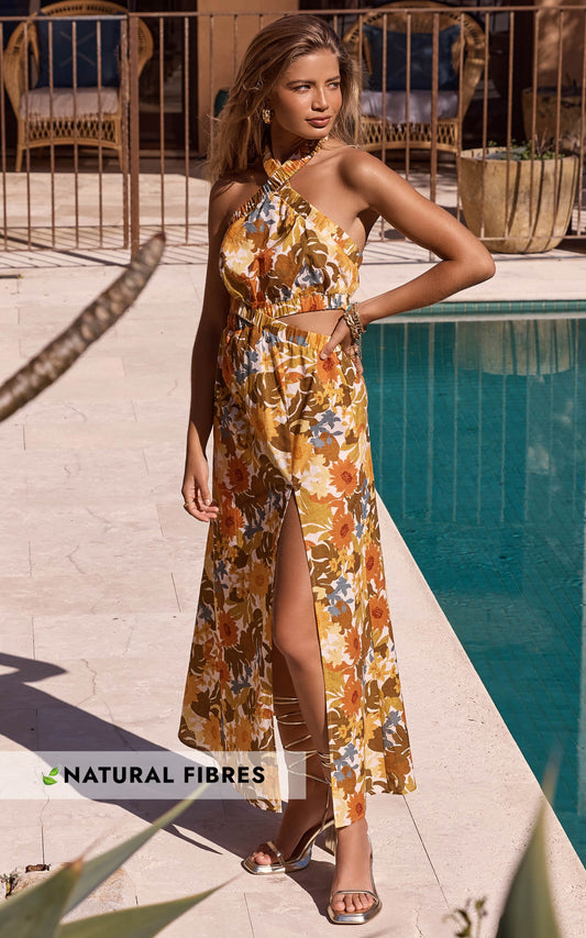 Amalie The Label - Linen Blend Halter Neck Cut Out Maxi Dress in Emerson Floral