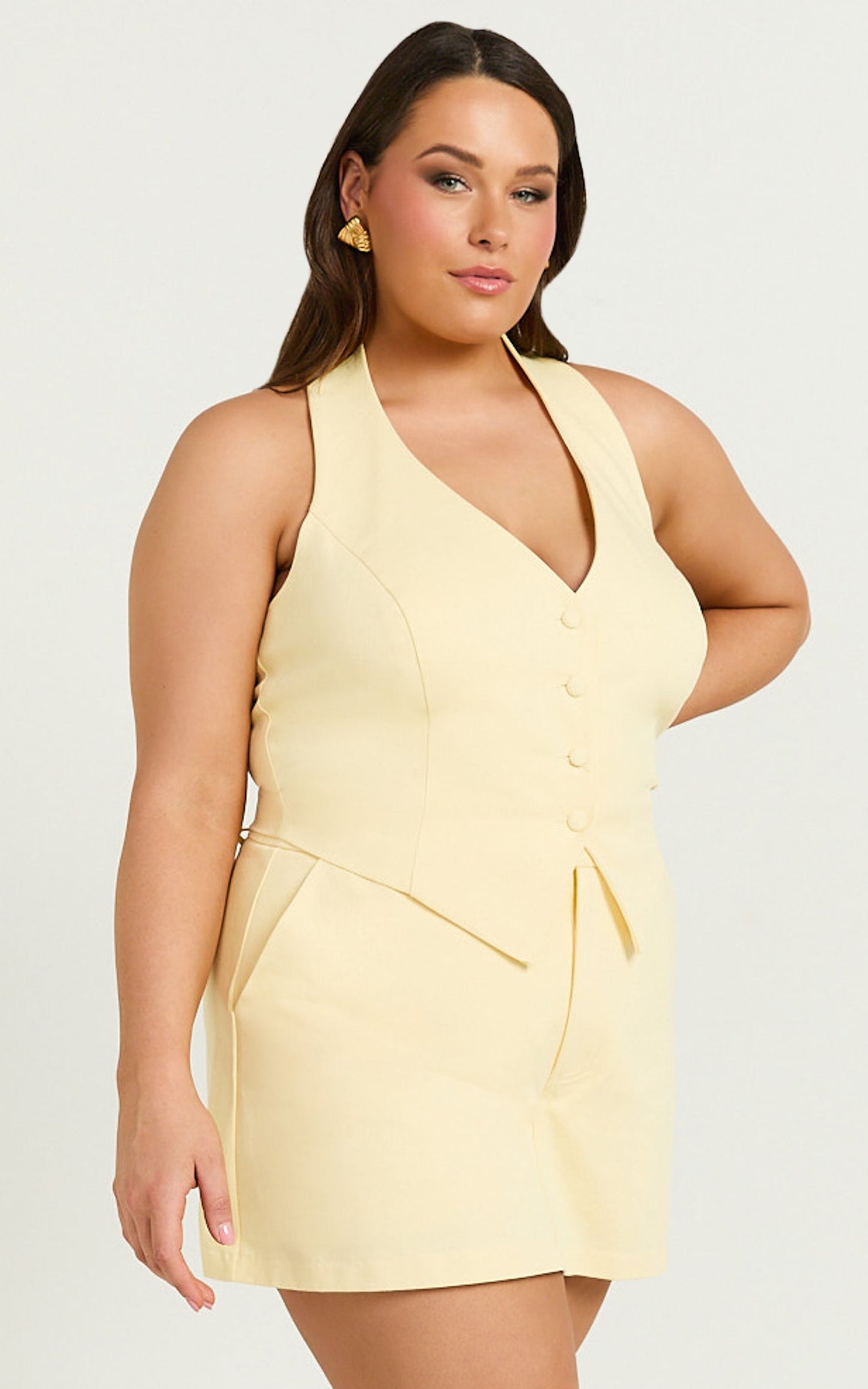 Virginia Top - Halter Neck Button Down Vest in Pastel Yellow