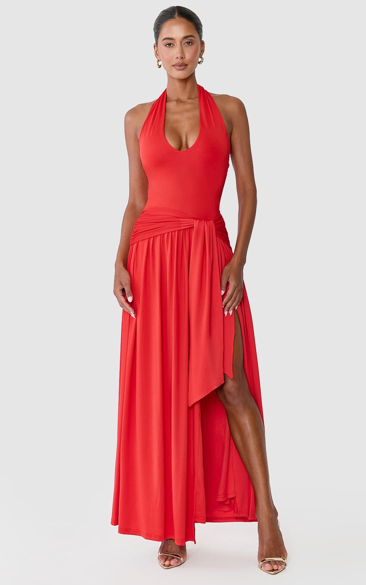 Coraline Maxi Dress - Plunge Neckline Double Waist Sash Halter Dress in Red
