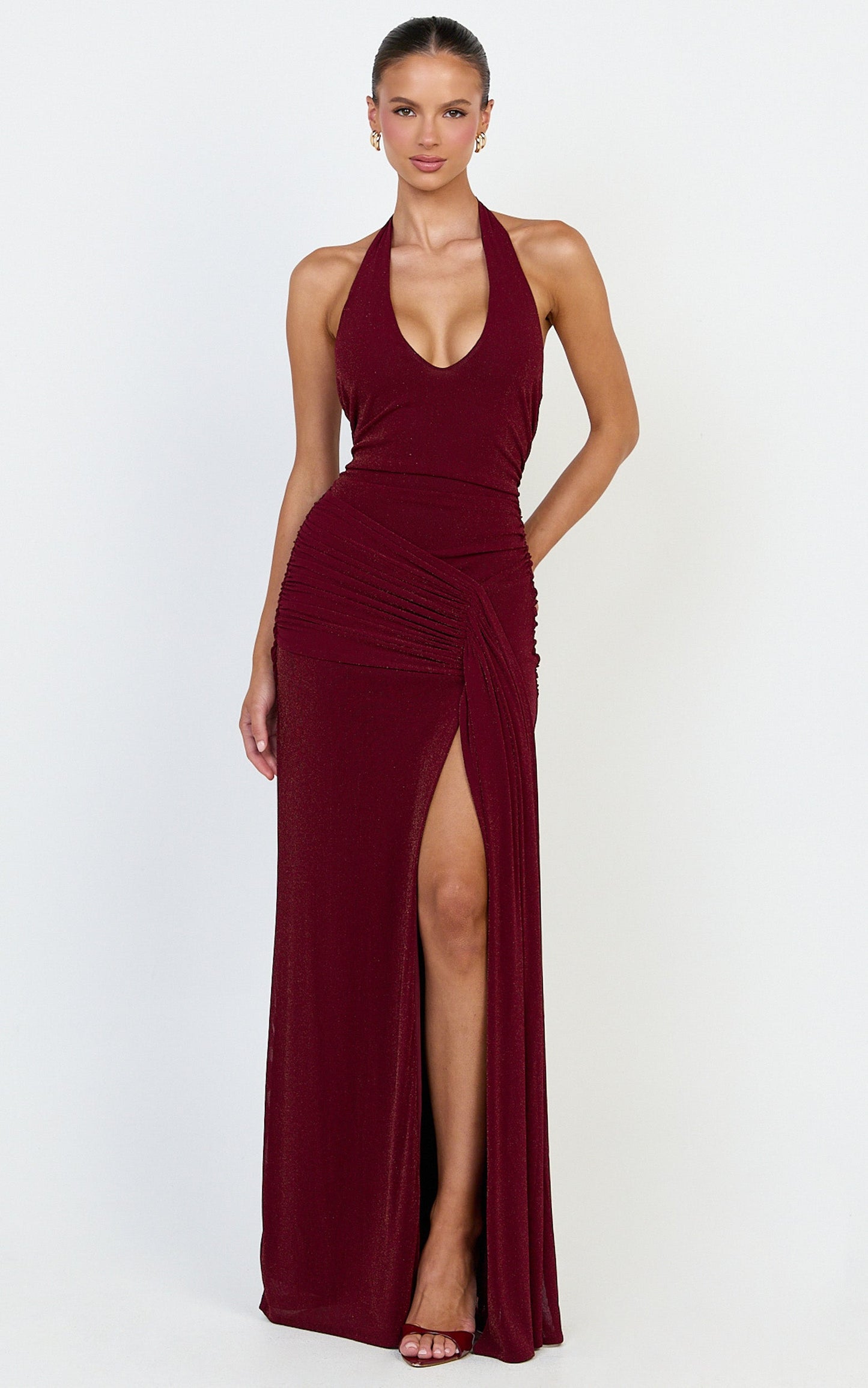 Coraline Maxi Dress - Plunge Neckline Lurex Mesh Halter Dress in Wine