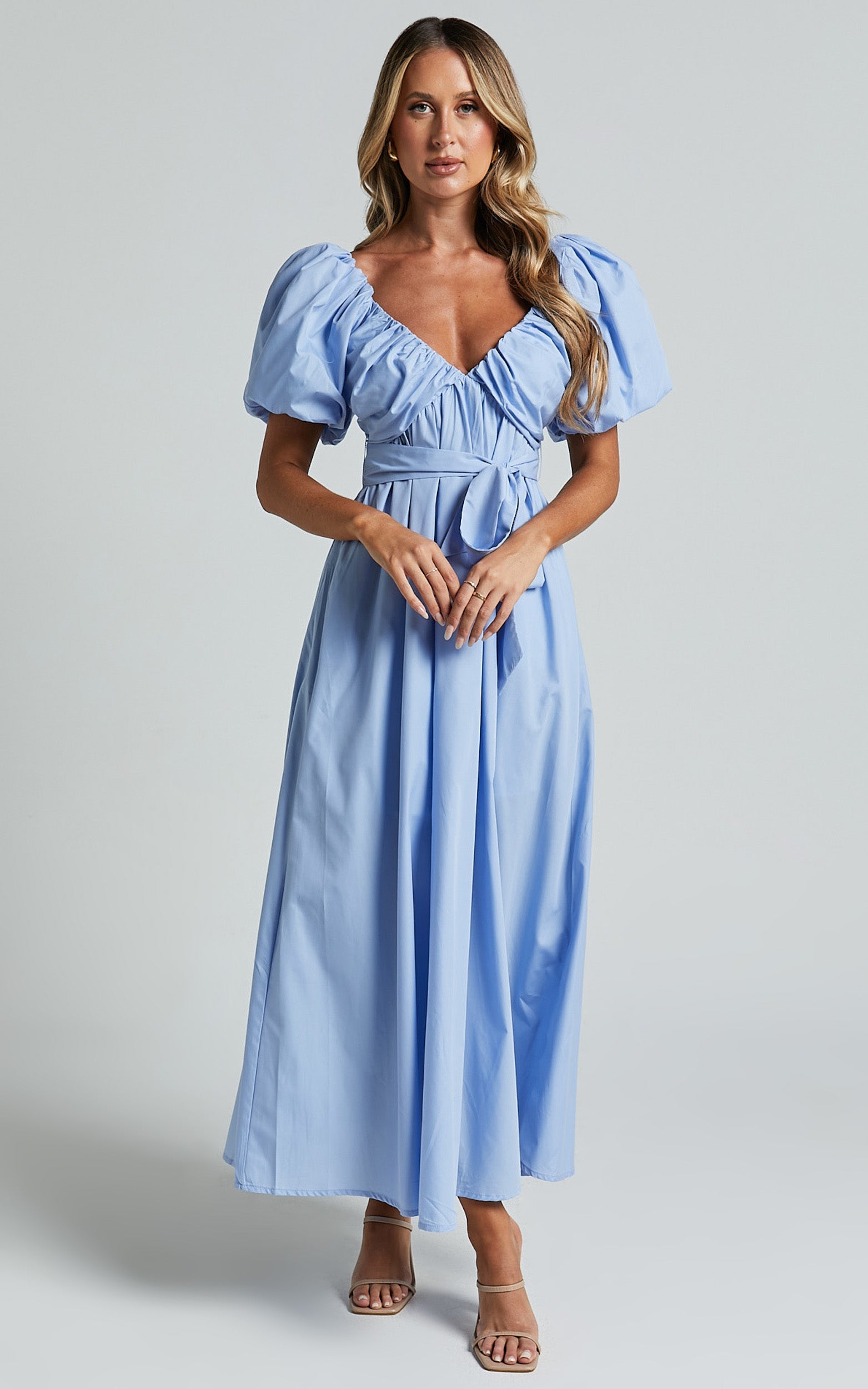 Corrie Midi Dress - Puff Sleeve V Neck Tie Front Flare Dress in Blue